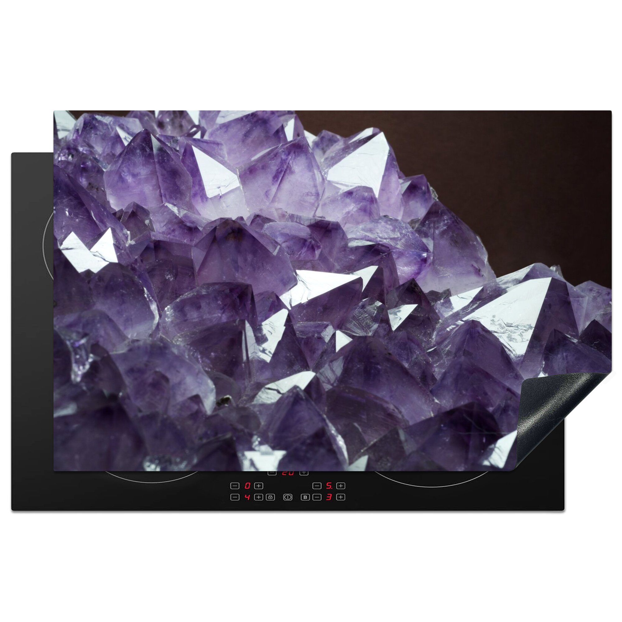 MuchoWow Herdblende-/Abdeckplatte Nahaufnahme eines Amethysten auf dunklem Hintergrund, Vinyl, (1 tlg), 81x52 cm, Induktionskochfeld Schutz für die küche, Ceranfeldabdeckung