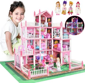 ZREE Puppenhaus XL Puppenvilla mit LED - 3 Spielebenen, (Puppenvilla, Dollhouse, Kinder, Puppenstube, Spielzeug, Puppenhaus-Zubehör und Möbel), Geschenk für 6 7 8 9 Mädchen Kleinkinder