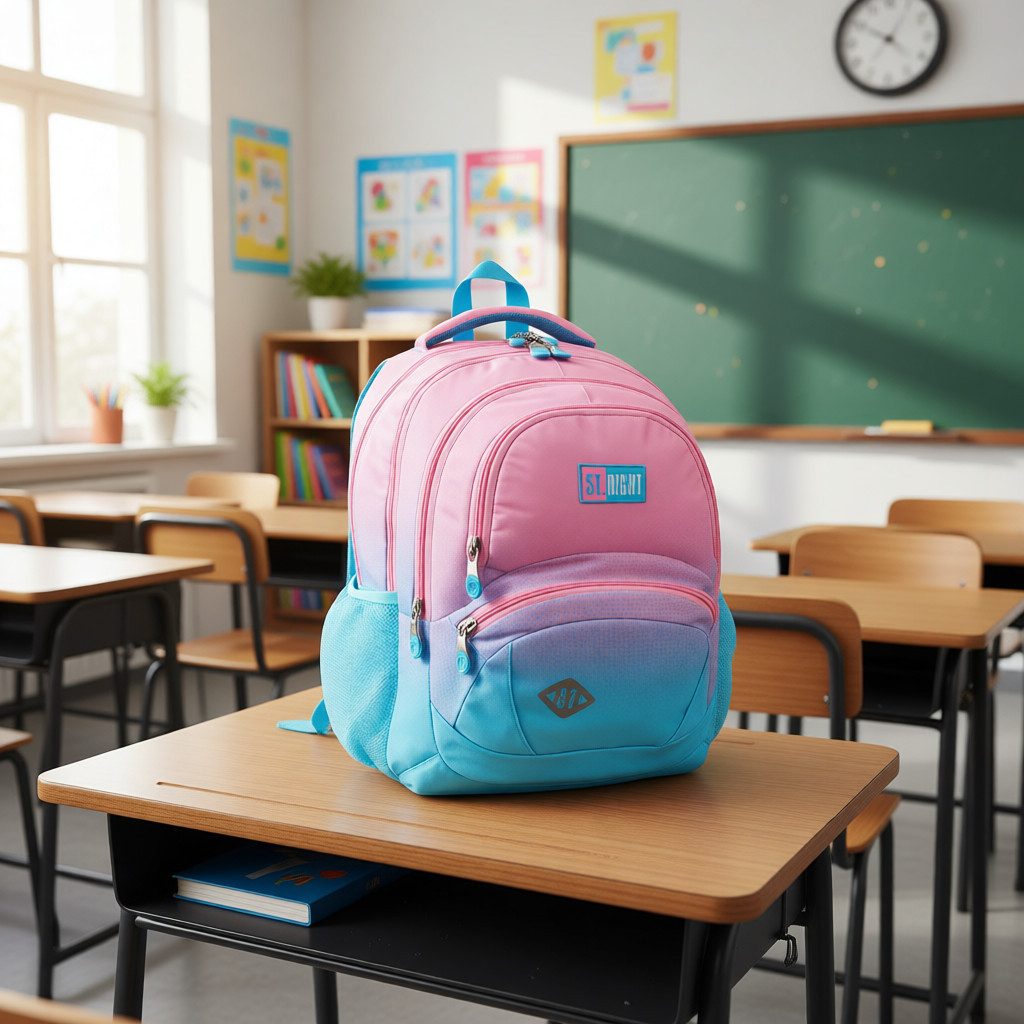 KiddiBex Schulrucksack Teenager Mädchen Schulranzen ab 5. Klasse mit Brustgurt (Set, 3-tlg., Schulrucksack, Federmäppchen, Regenschutz), Rucksack Schule Mädchen, Ergonomischer Schulranzen Pink Blau Gradient