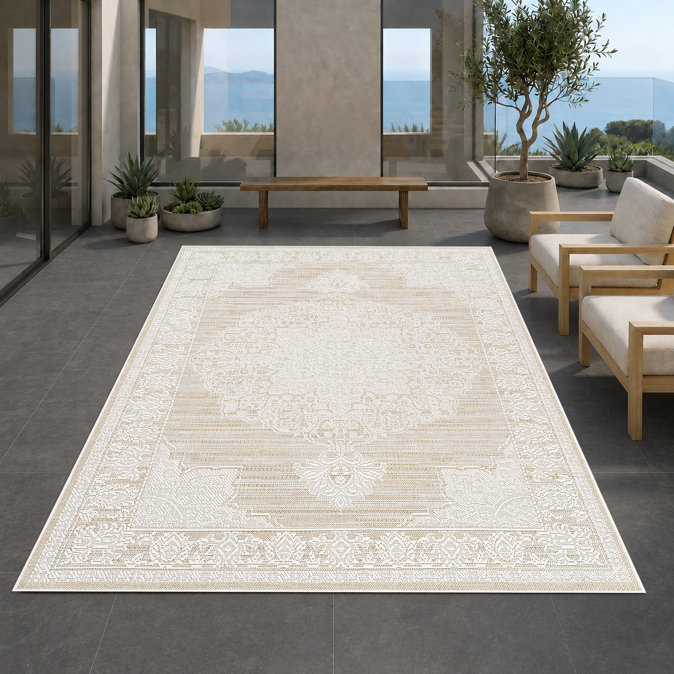 Carpetia Outdoorteppich Moderner Sisal-Look, rund, Höhe: 5 mm, Flachgewebe - robust und wetterfest, für Innen- und Außenbereiche