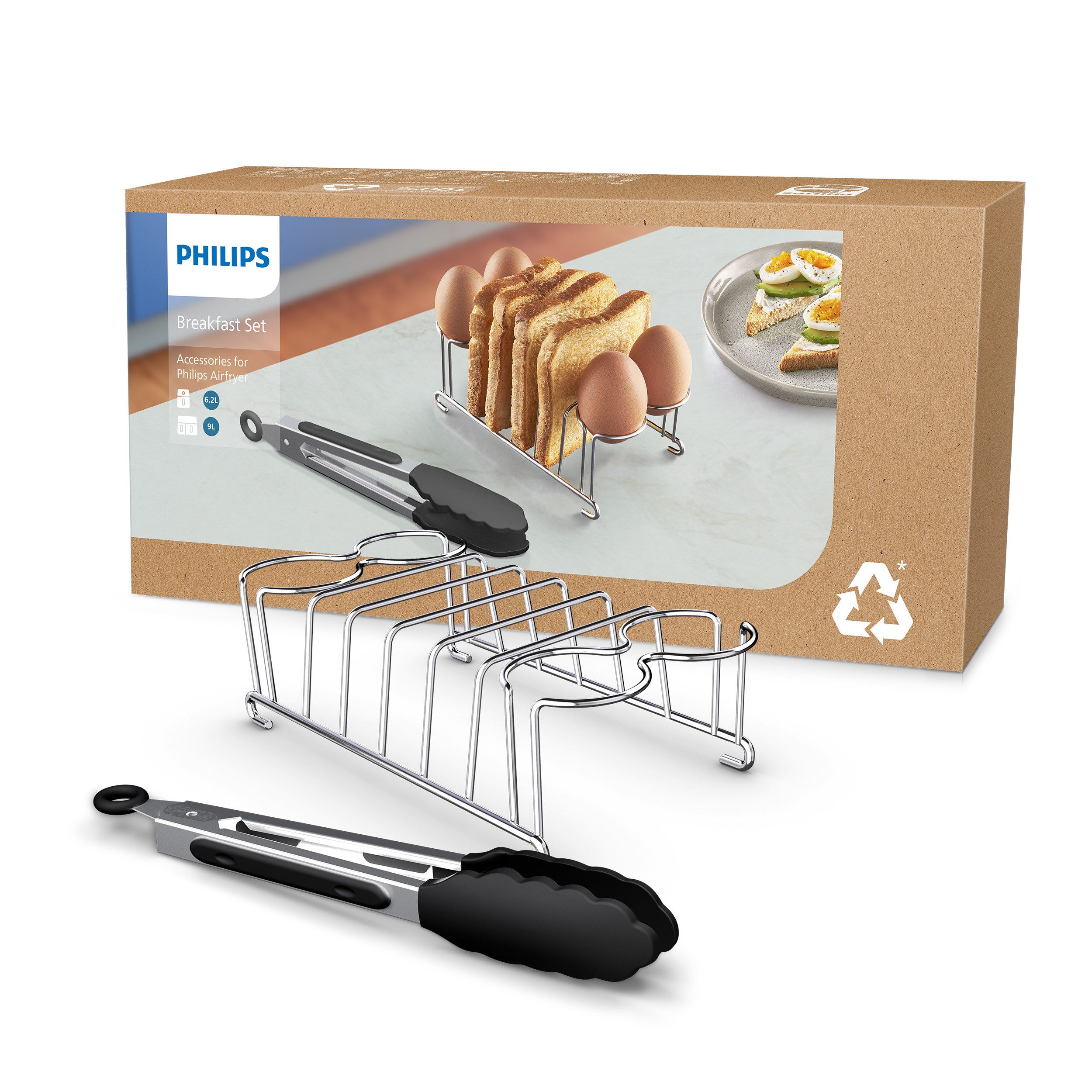 Philips Airfryer-Toasthalter für Airfryer 6,2L, 8,3L, 9L, NA231/332/352/353/552/555/HD9285, Edelstahl, (2-St., Toastständer + Eierhalter u. Zange im Lieferumfang), Frühstücksset mit HomeID App, spülmaschinenfest