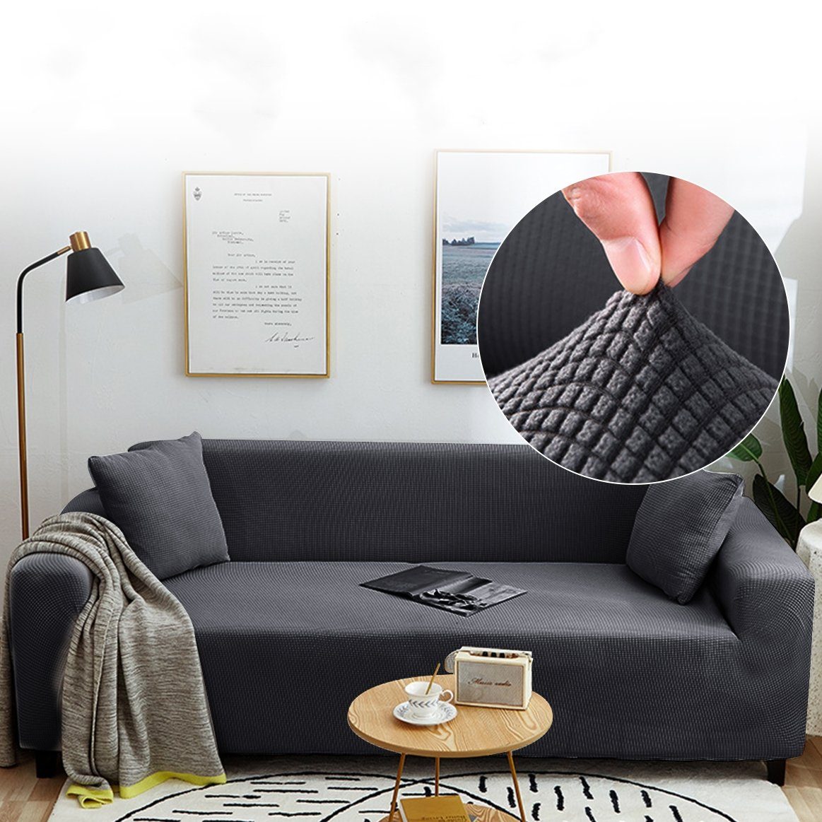 Schaumstoffstreifen Dunkelgrau Couch elastischem MULISOFT, Muster, mit mit Sesselbezug Elastisch Stretch-Sofabezug rutschfesten dezentem Sofahusse Bund,