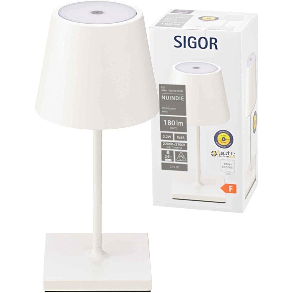 SIGOR LED Tischleuchte Nuindie Mini - Schneeweiße LED Akku-Tischlampe  Indoor & Outdoor, dimmbar und aufladbar mit Easy-Connect, 9h Leuchtdauer,  Dimmbar, 1 LED Platine, 2700