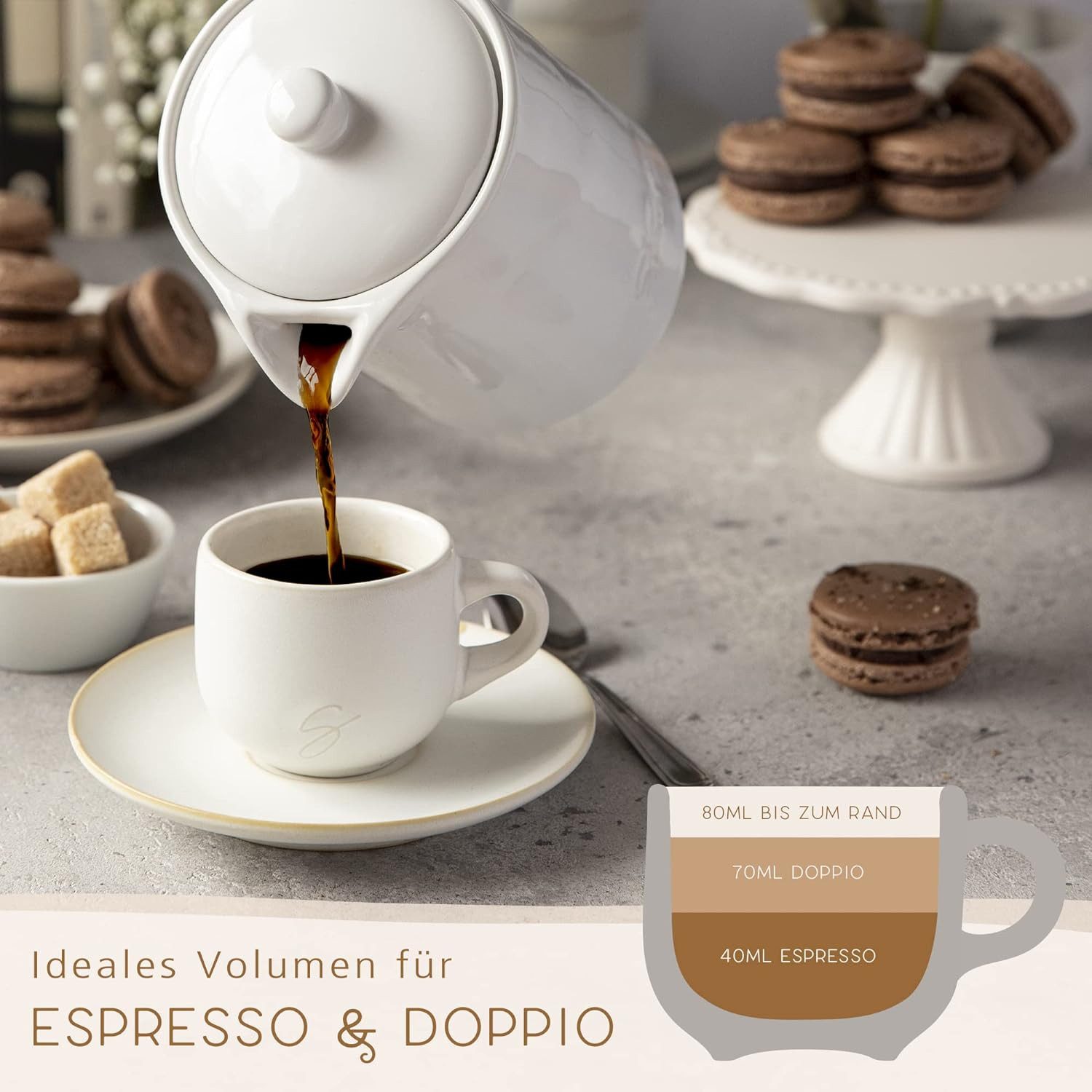 Steinzeit Espressotasse (6x80ml) - Espressotassen Set mit passenden Untertassen -, Espressokaffeetassen aus 100% Handfertigung - stapelbare Mokkatassen