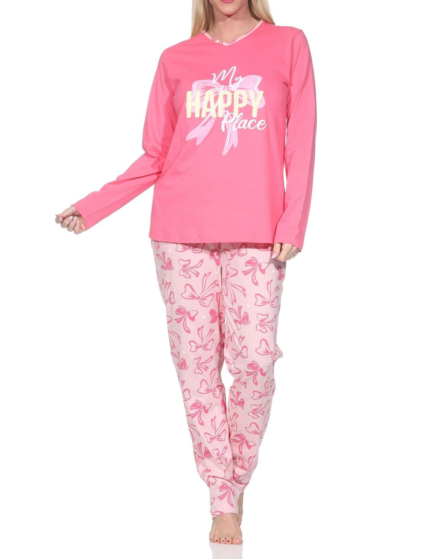 Pyjama Normann Damen Schlafanzug lang in edler Optik mit Schleifen als Motiv