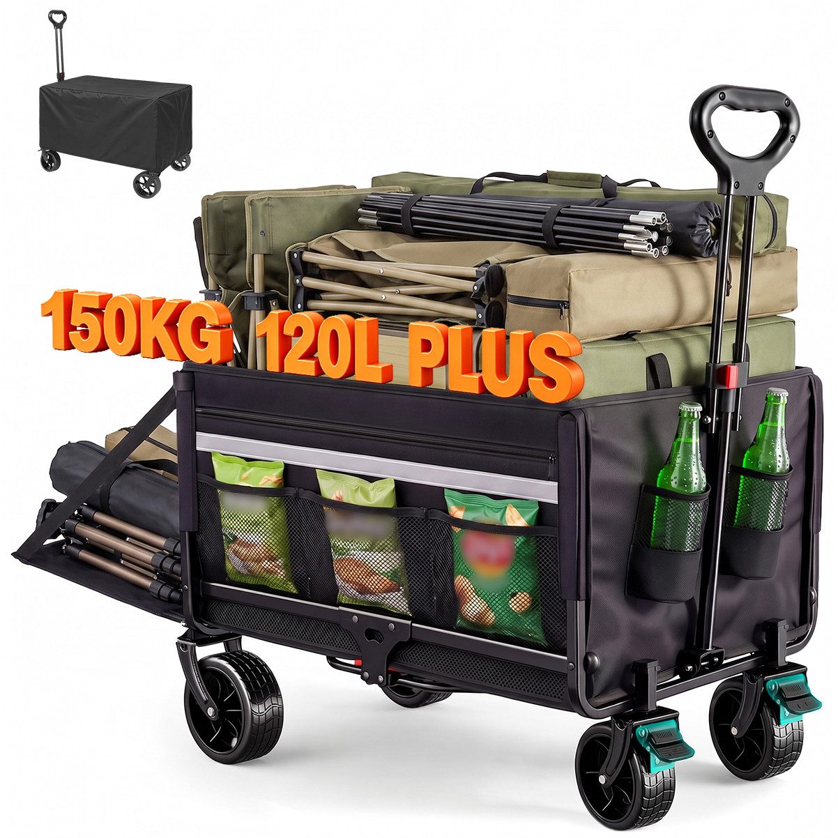 HOMECALL Bollerwagen Gartenwagen bis 150kg Handwagen Strandwagen Klappbar Transportwagen (Inkl. Regenabdeckung! Kapazität erweiterbar durch 2 Aufbewahrungstaschen, 120L+ , Campingwagen mit Reflektorstreifen), Für Einkaufen, Camping, Garten, Dogs
