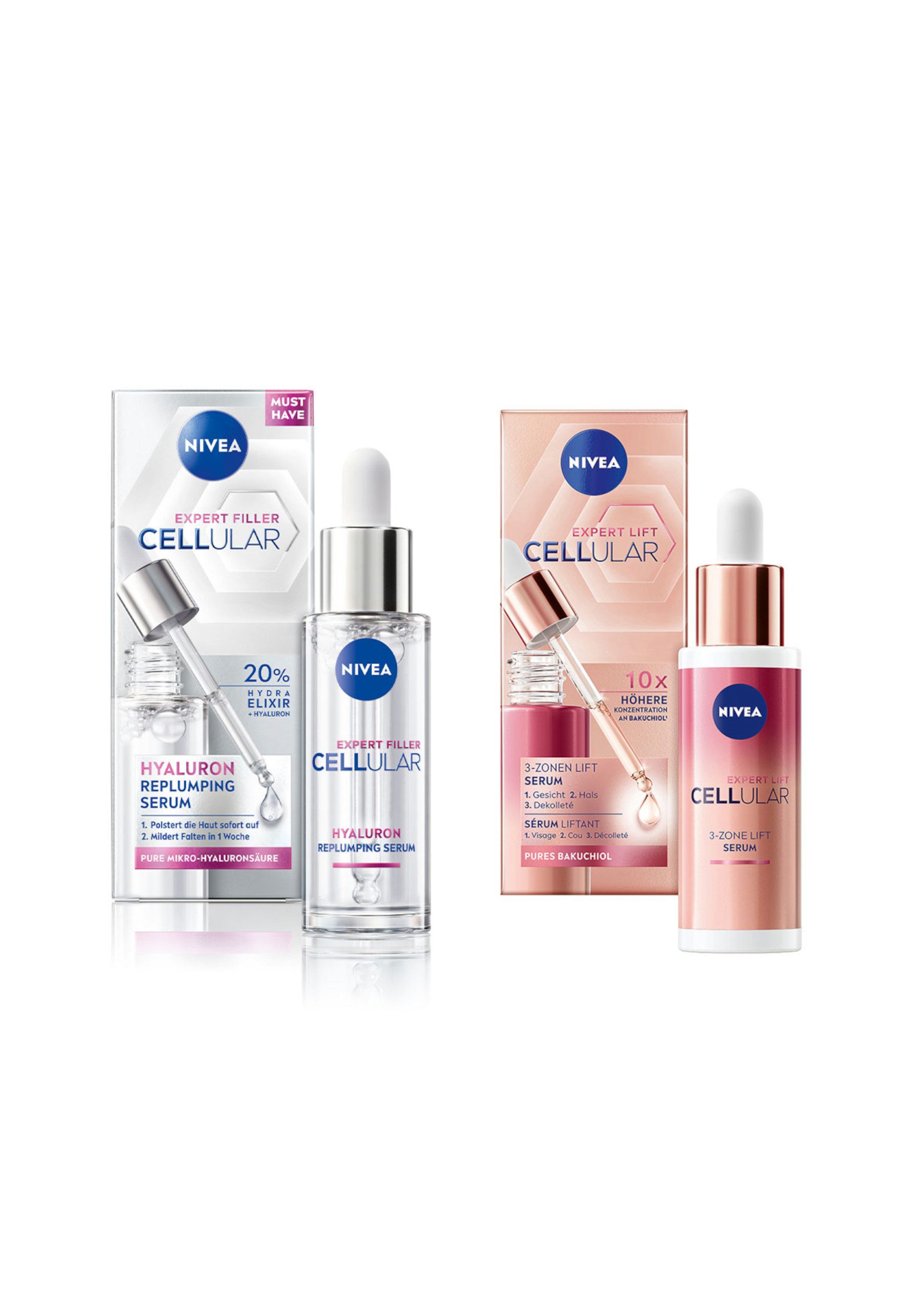 Nivea Gesichtsserum CELLULAR Expert Hyaluron Serum 30ml + Lift 3-Zonen Serum 30ml Set Set, 2-tlg.