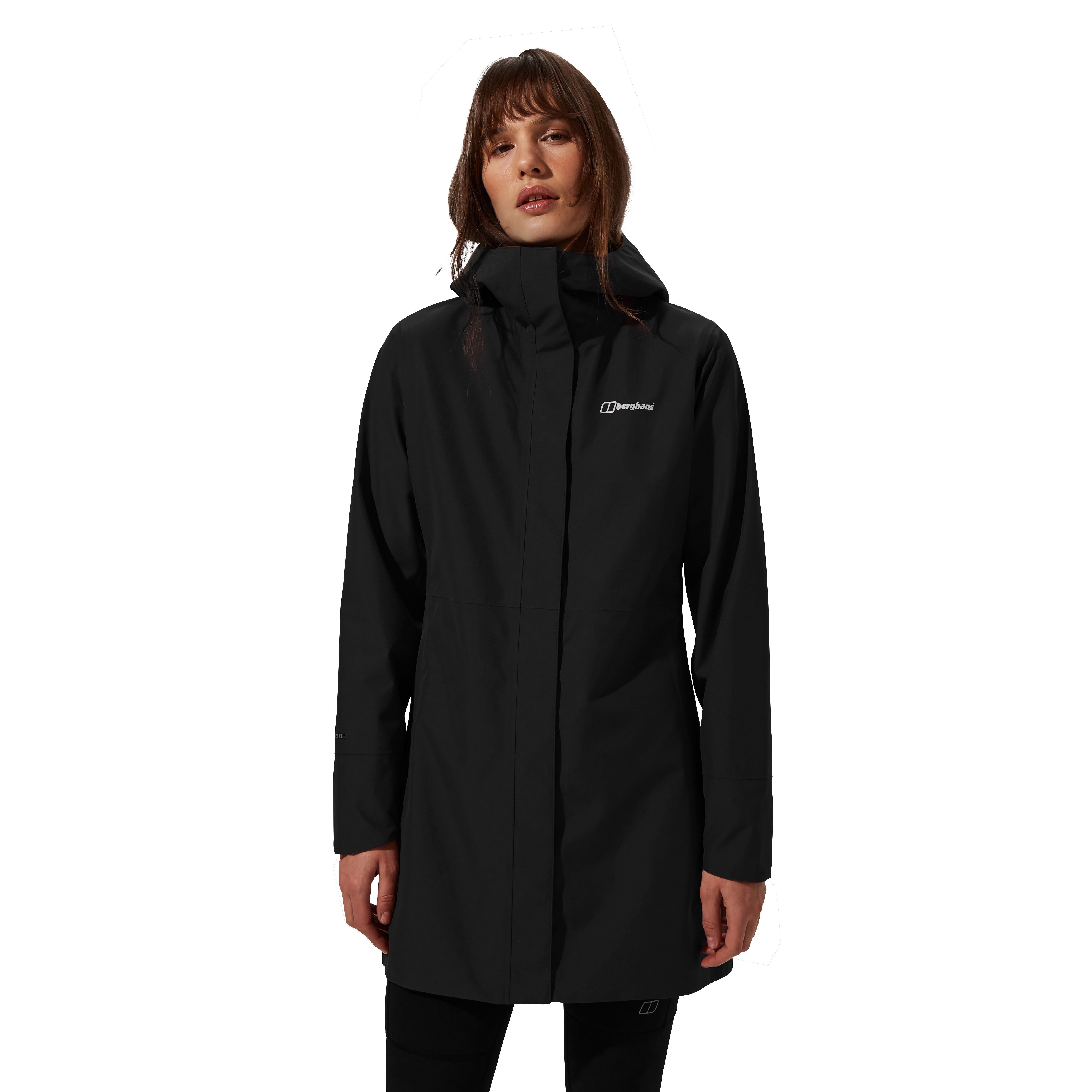 Berghaus Softshelljacke OMEARA LONG SHELL JKT AF mit verstellbarer Kapuze, atmungsaktiv, wasserdicht, lange Passform