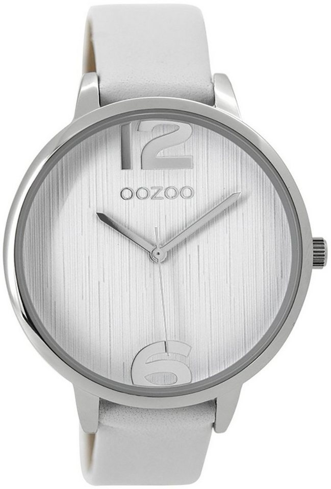 OOZOO Quarzuhr Oozoo Damen Armbanduhr weiß, Damenuhr rund, groß (ca. 42mm)  Lederarmband, Fashion-Style, Struktur-Ziffernblatt