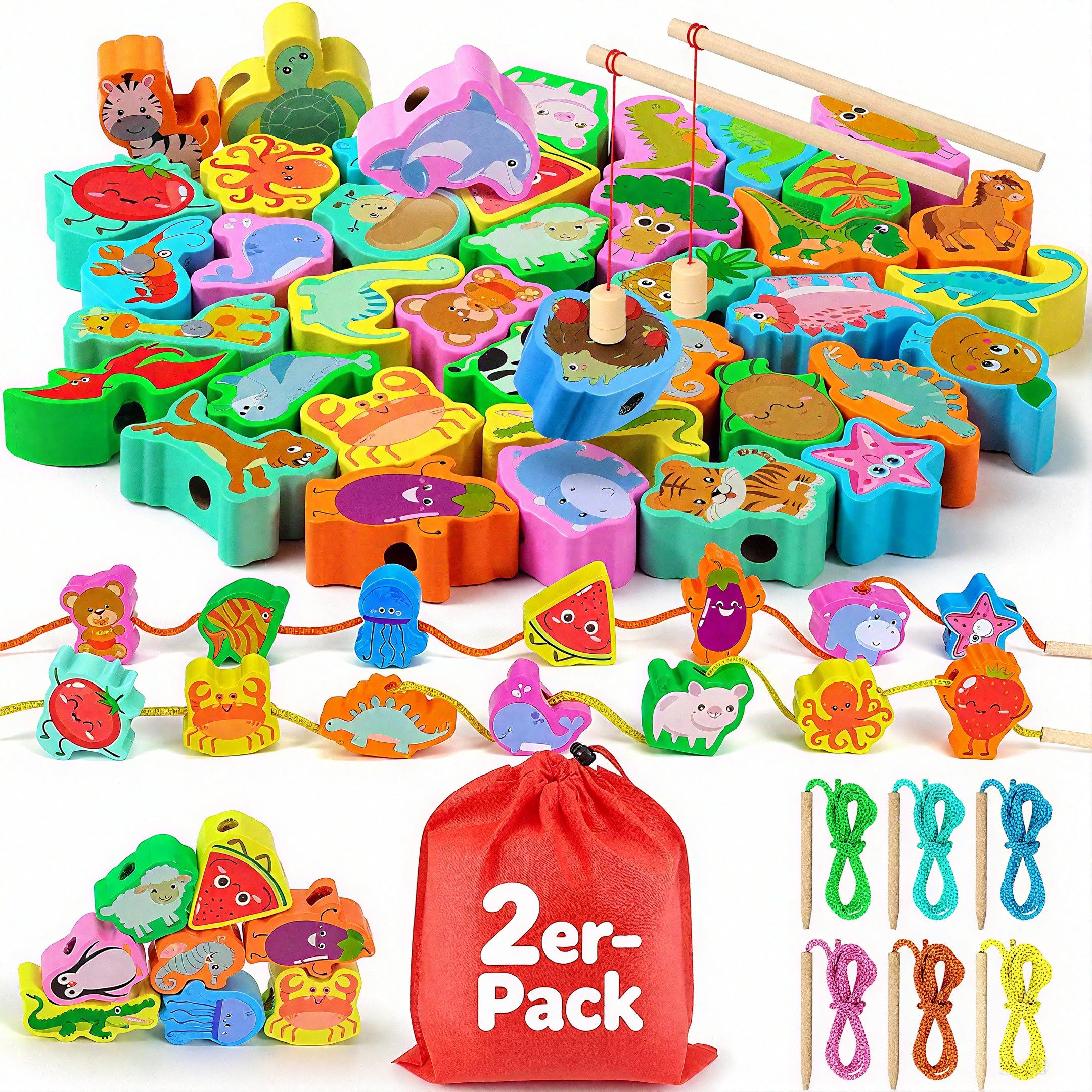 POPOLIC Lernspielzeug Montessori Motorikspielzeug für Kinder,Lernspielzeug 2 in 1 Fädelspiel (2-St., Lernspielzeug 48 STK Fädelspiel mit 6 Themen), Holzpuzzle,Kinderspielzeug Motorikspielzeug, Geschenk Mädchen Junge