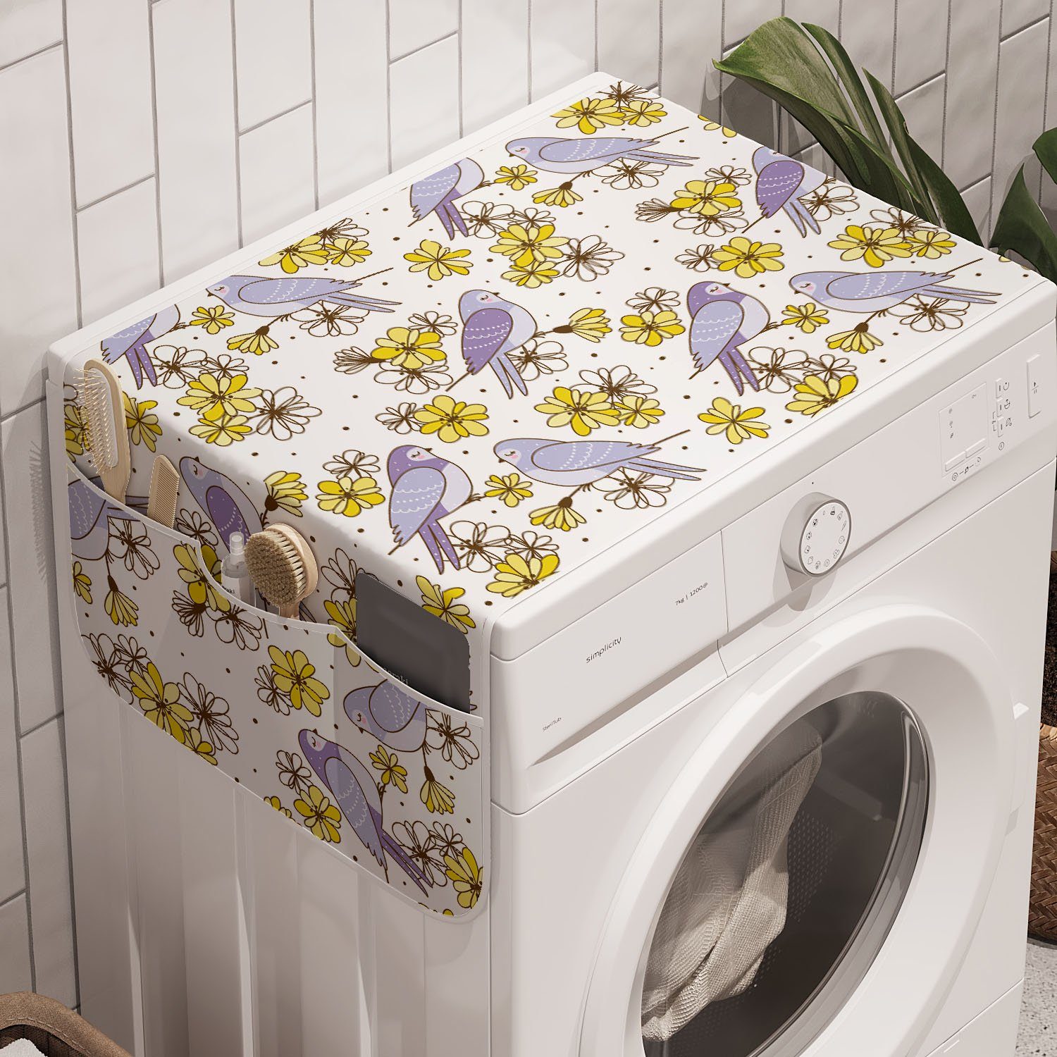 Abakuhaus Badorganizer Anti-Rutsch-Stoffabdeckung für Waschmaschine und Trockner, Frühling Swallow Vögel Gelbe Blumen