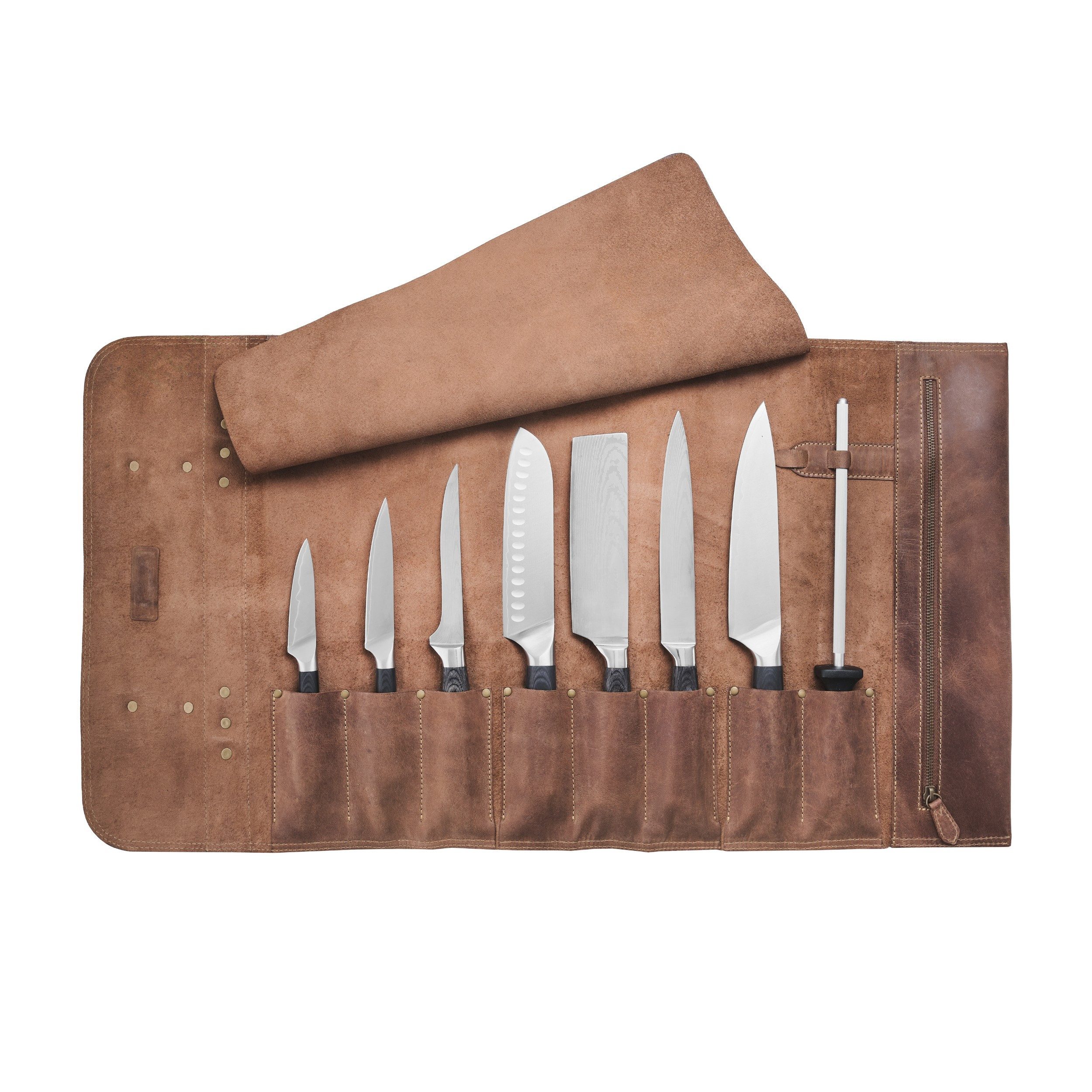 DRAKENSBERG Messertasche »Blade« (Pro) Havanna-Braun, groß, Rollbares 8 Messer-Etui, bis 40cm, Büffelleder, handgemacht