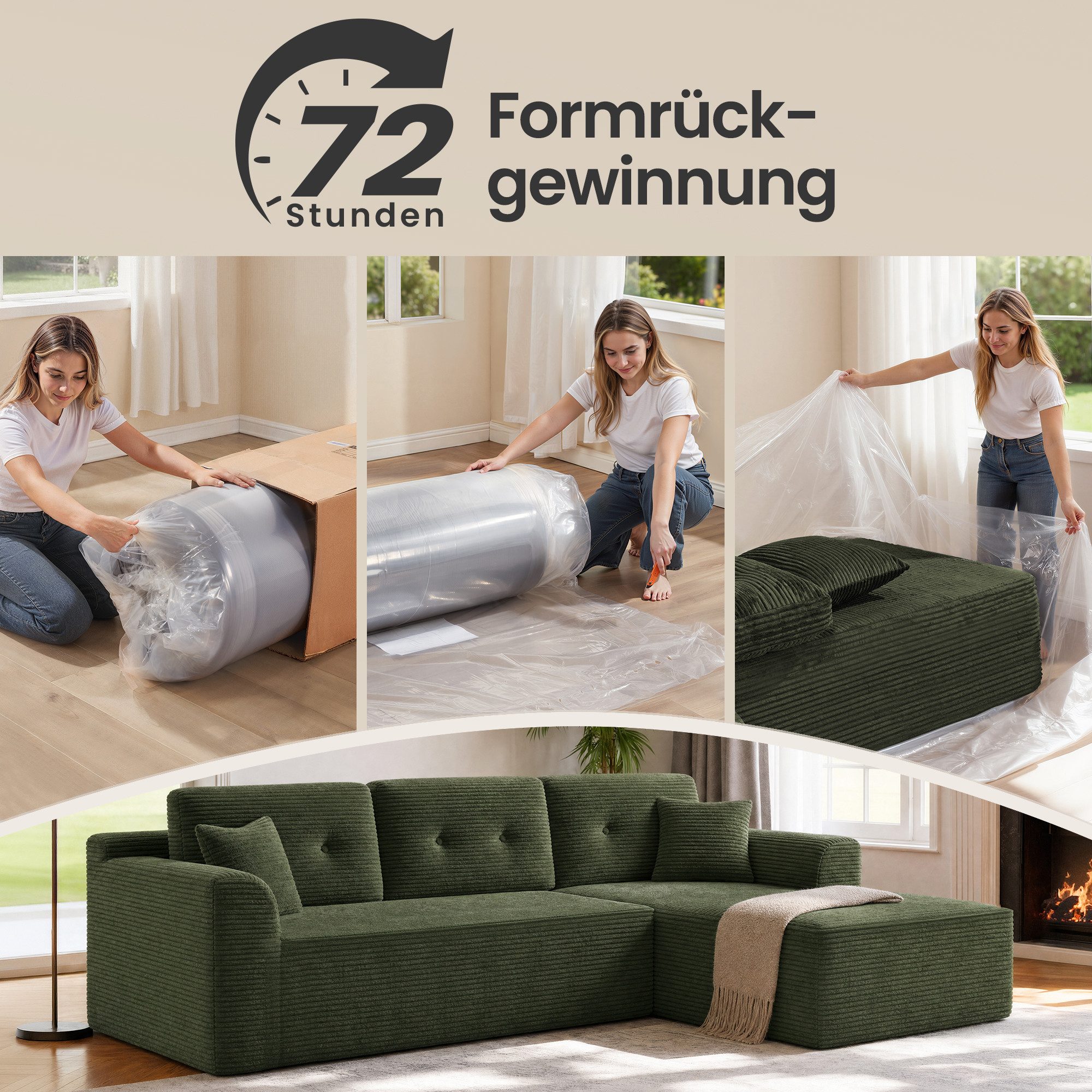 VASAGLE Ecksofa modulares Sofa 244 cm breit vakuumverpackt, Schlafsofa, keine Montage erforderlich, mit großer Chaiselongue