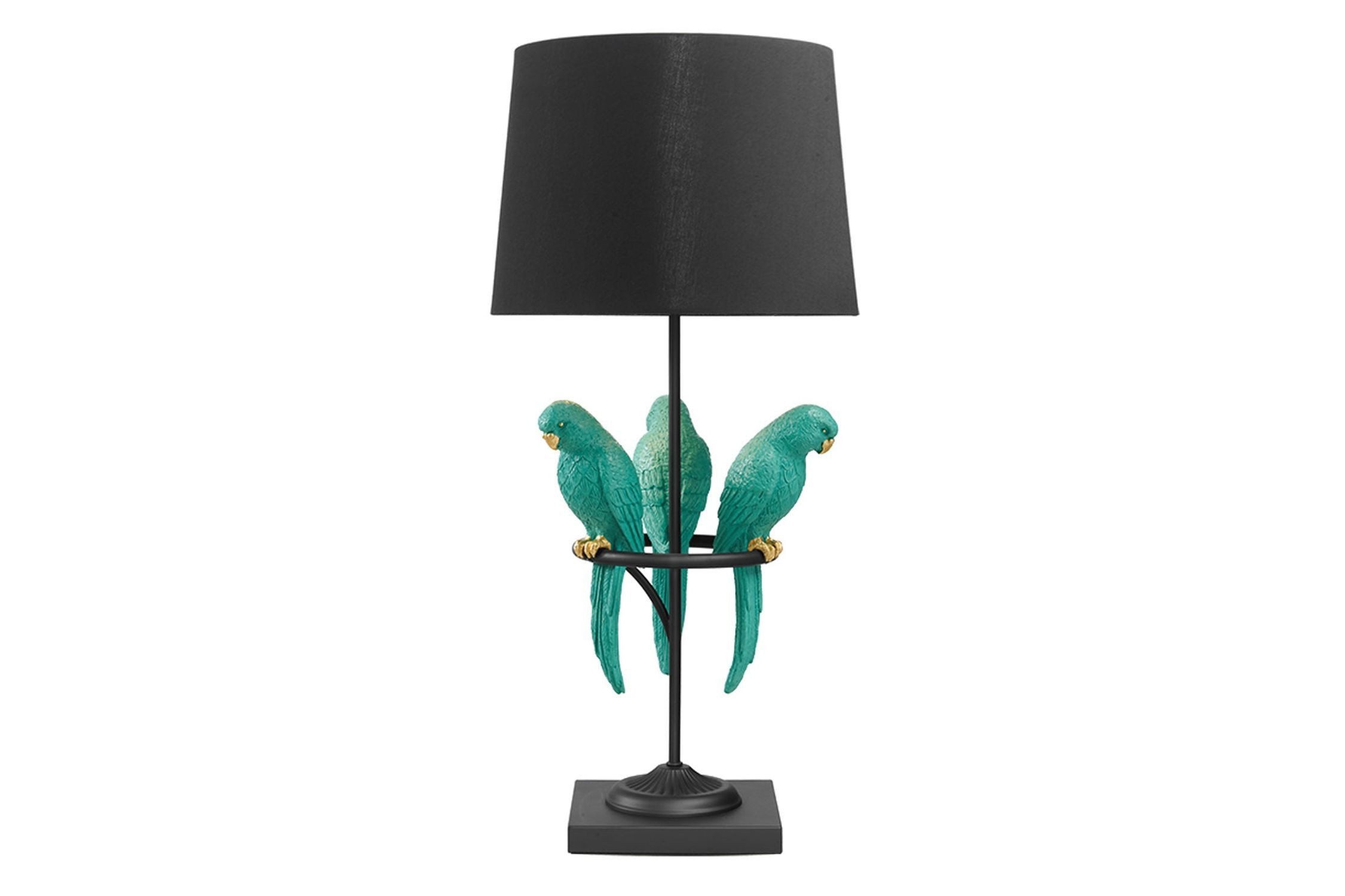 Licht-Erlebnisse Nachttischlampe ILARI, ohne Leuchtmittel, Schwarz Türkis 75 cm hoch Metall Stoff Polyresin Papageien E27 Modern
