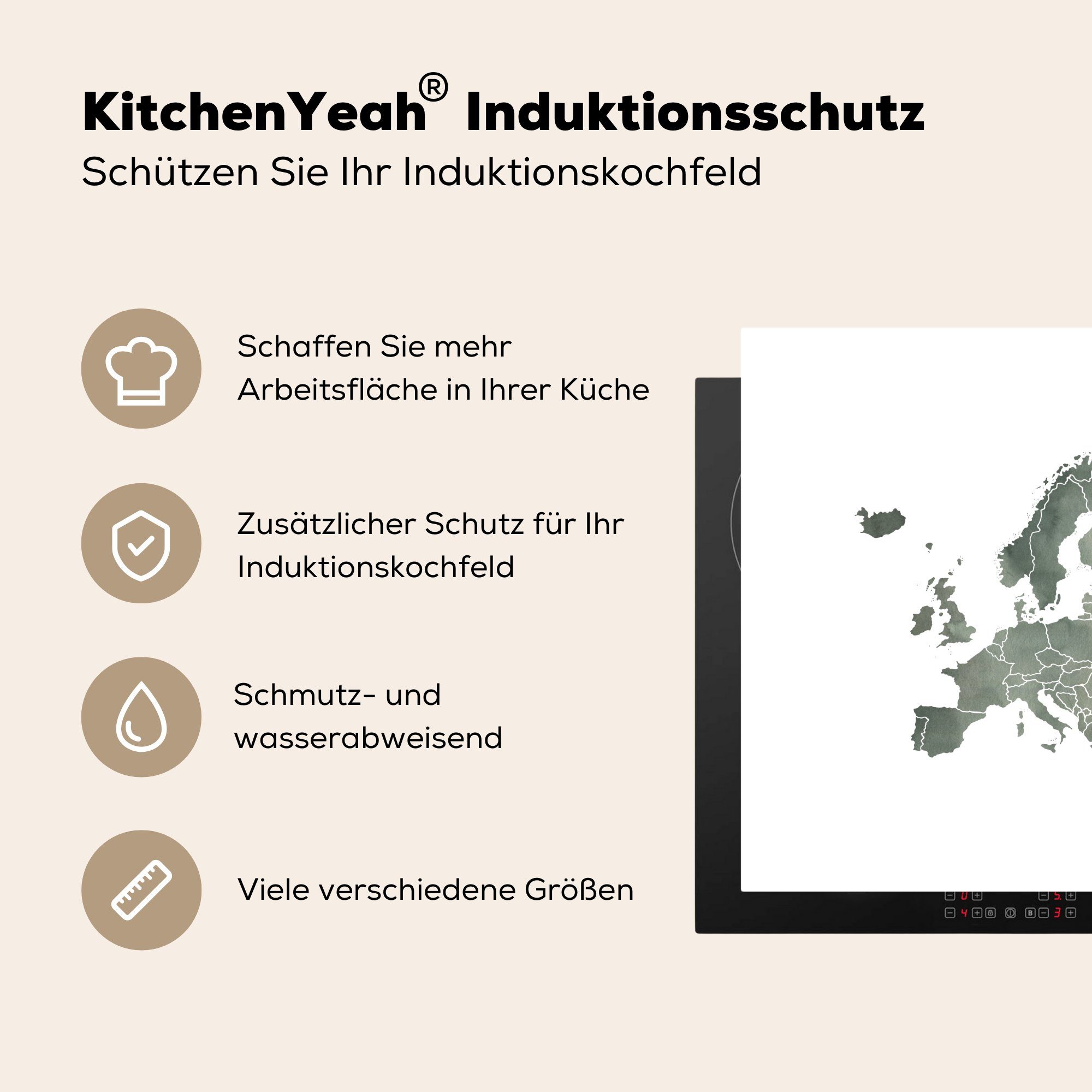 tlg), 78x78 MuchoWow (1 - Vinyl, Grau, Aquarell Arbeitsplatte Europa-Karte Herdblende-/Abdeckplatte für küche Ceranfeldabdeckung, cm, -