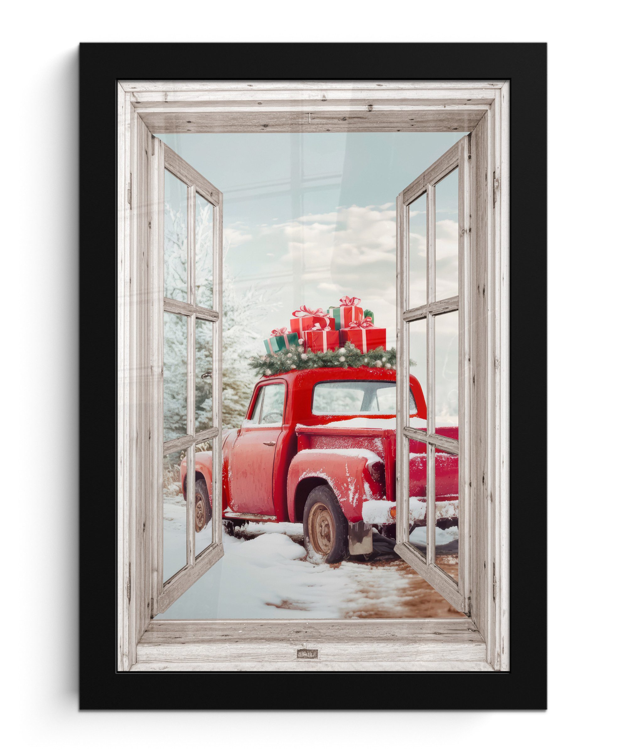 MuchoWow Poster Auto - Rot - Geschenke - Winter - Weihnachten - Fensterblick - Weiß, (1 St), Bilderrahmen, Zimmer Deko, Bild für Wohnzimmer, 20x30 cm
