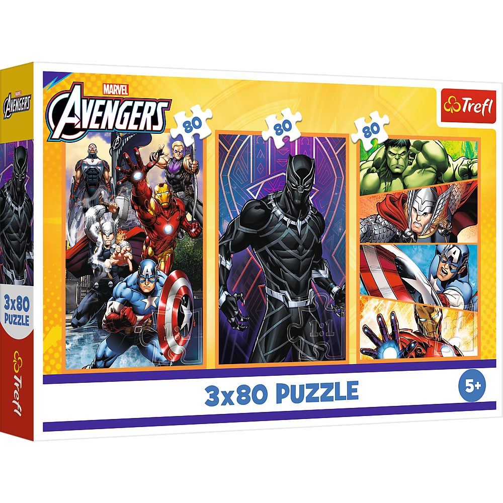 Trefl Puzzle Kinderpuzzle Legespiel Superheldenmotive, 80 Puzzleteile, 3 Motive à 80 Teile, Avengers-Lizenz, Bild 275x180 mm