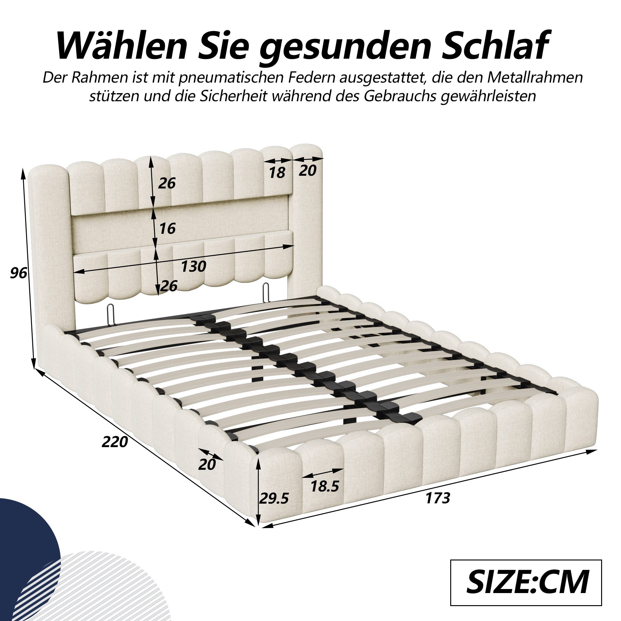 Gdood Polsterbett Stauraumbett Doppelbett LED (Type-C + USB, Hydraulisch hebbarer Stauraum), Mit Bettkasten, LED-Beleuchtung, USB-Anschluss, 160x200 cm – Bild 5 von 5