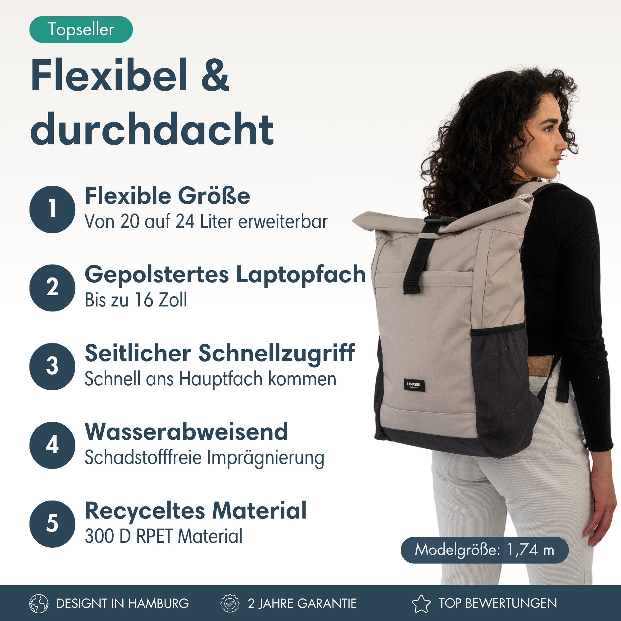 LARKSON Cityrucksack No 2, Rolltop Damen Herren, Laptop Fach (1-tlg), Wasserabweisend