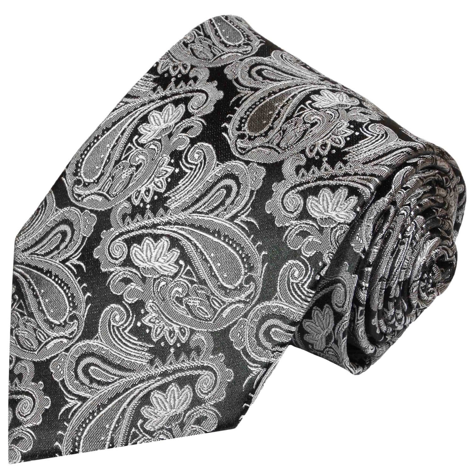 grau schwarz Malone Seide Elegante Paul 100% Schlips Seidenkrawatte brokat (6cm), 627 Krawatte silber Herren paisley Schmal