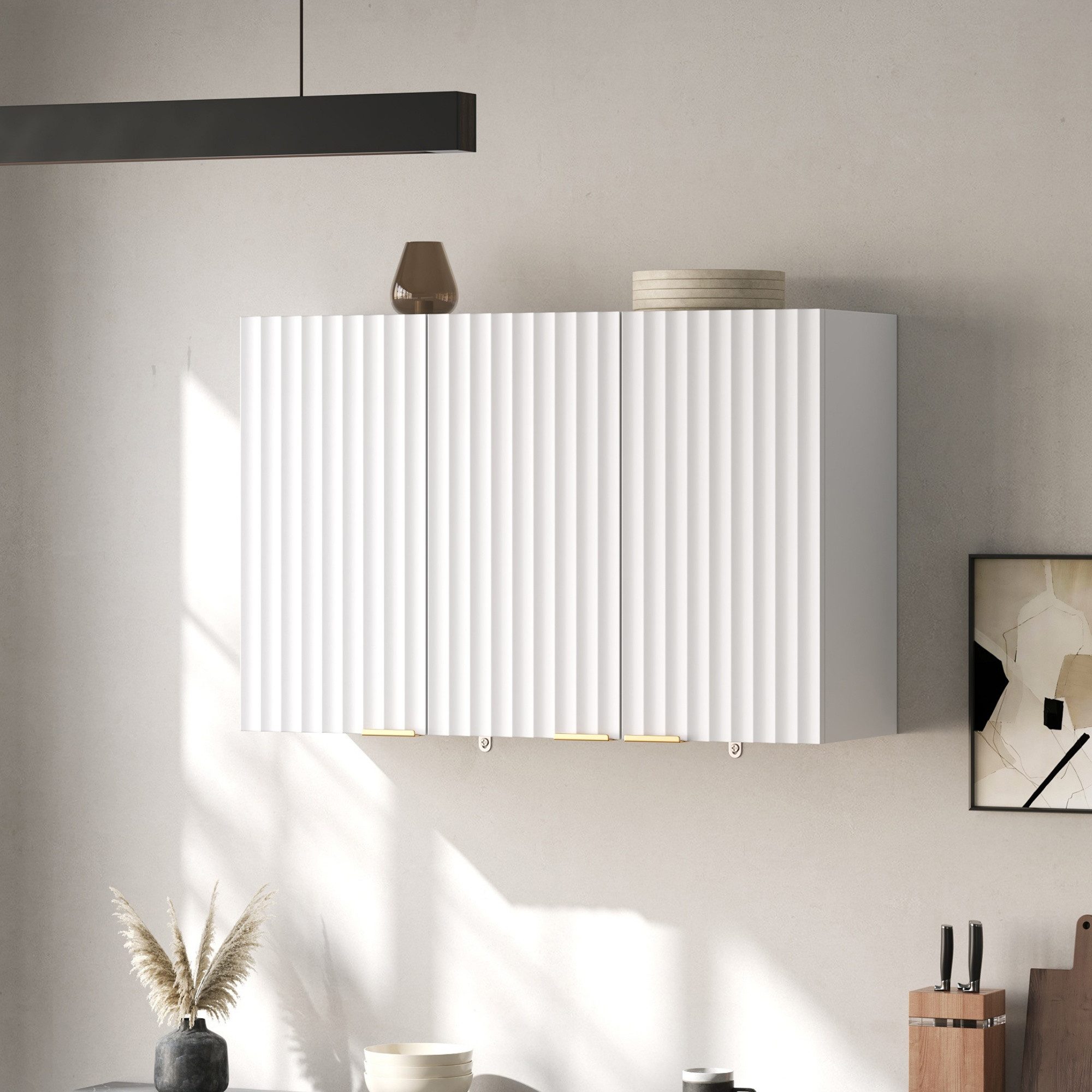 HAUSS SPOLE Hängeschrank für Wohnzimmer,Küchen-Wandschrank mit Stauraum Badezimmer,Weiß (Küchenschrank Wandmontierter Mehrzweckschrank mit goldfarbenen Griffen) 90×29×60 cm