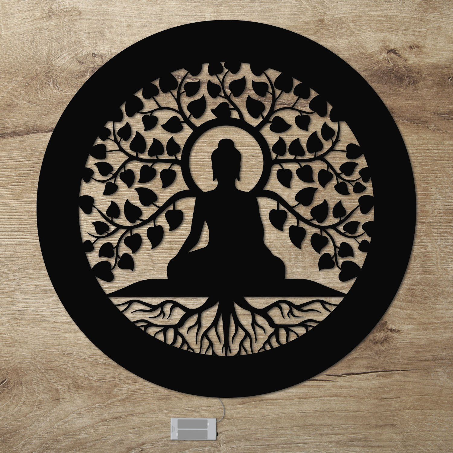 Warmweiß fest Buddha Baum Namofactur Yoga, Wanddeko, Holz, Zugschalter, Ohne aus LED Dekolicht integriert, Wandlampe LED Meditation