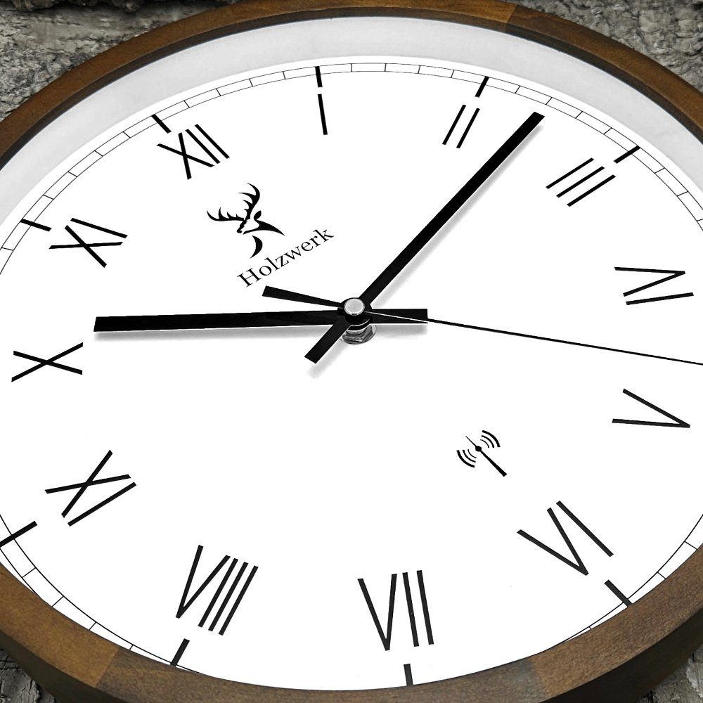 Holzwerk Funkwanduhr Designer Loft Funk Holz Wand Uhr, römische Ziffern (Nahezu lautloses Uhrwerk, analog, 30 cm)