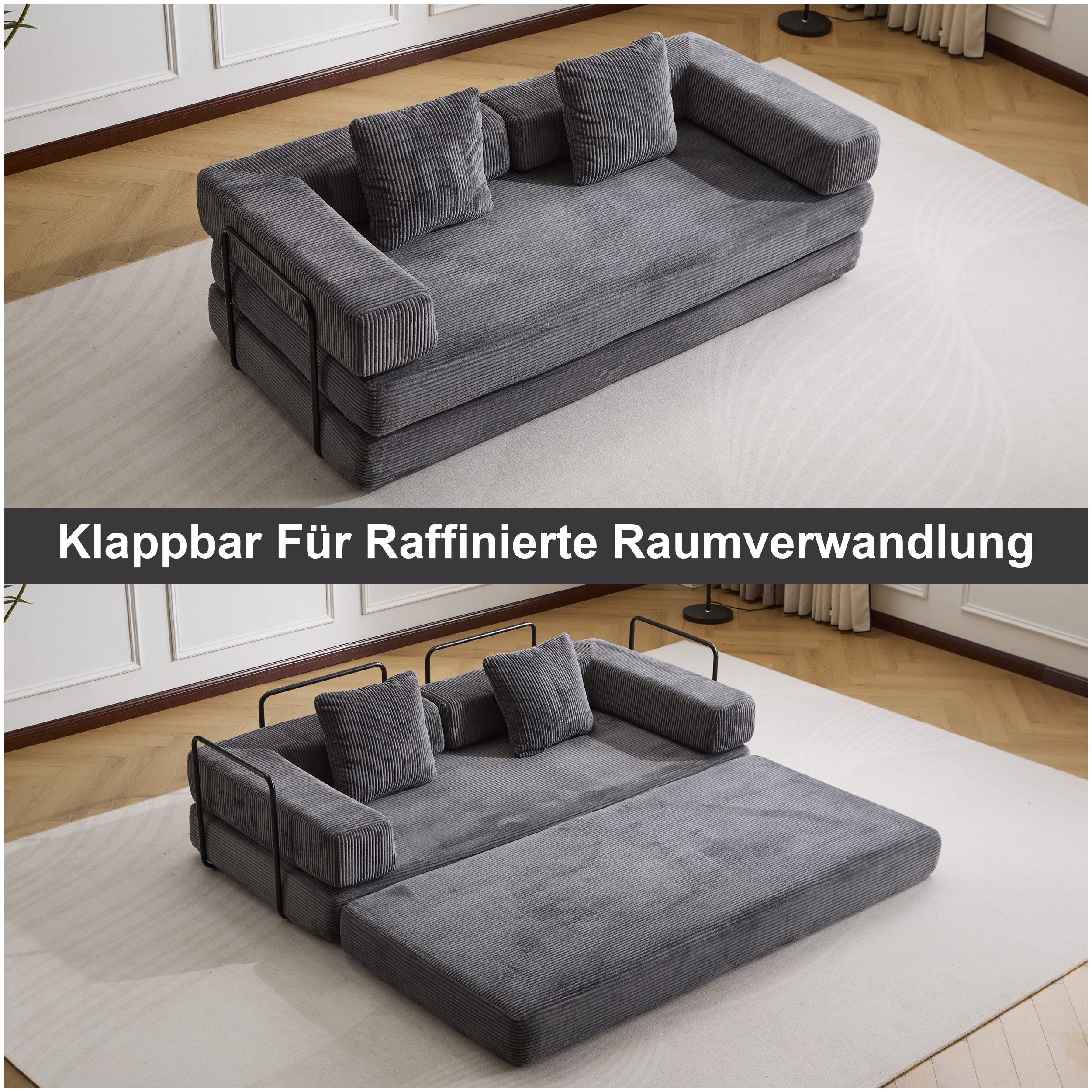 Vankel Loungesofa Faltbares Schlafsofa, bequemes Cord Bodensofa für kleine Räume, 4-in-1 Klappsofa für Wohnzimmer, Schlafzimmer, Büro oder Gäste