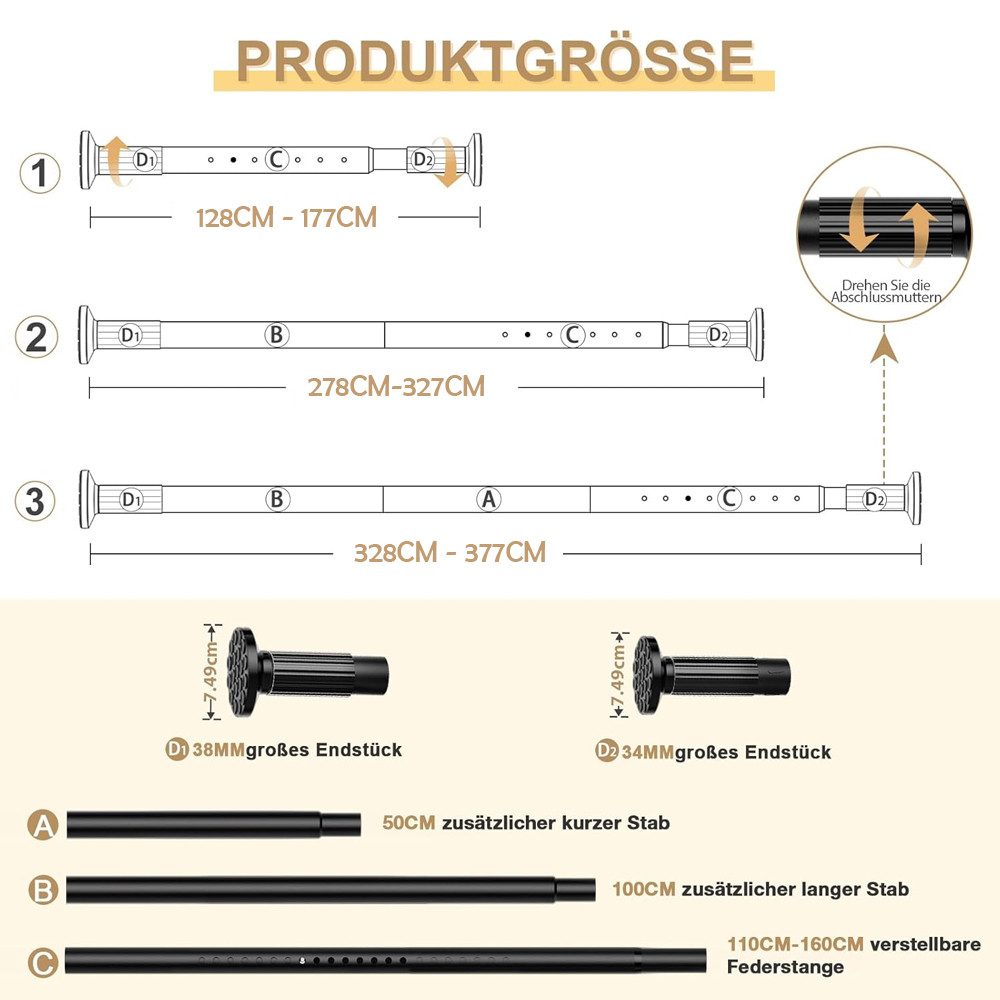 TUWENA Gardinenstange Gardinenstange ohne Bohren Teleskopstange Vorhangstange Klemmstange, 3 Größen Klemmstange Ausziehbar Schlafzimmer 128-177/278-327/328-377cm