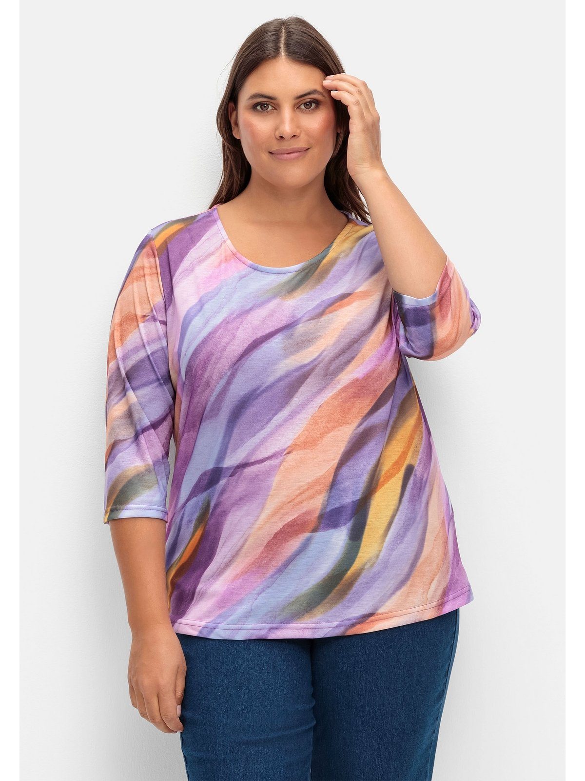Sheego 3/4-Arm-Shirt Große Größen mit Alloverdruck in gebatikter Optik traube-rostrot bedruckt | Rundhalsshirts