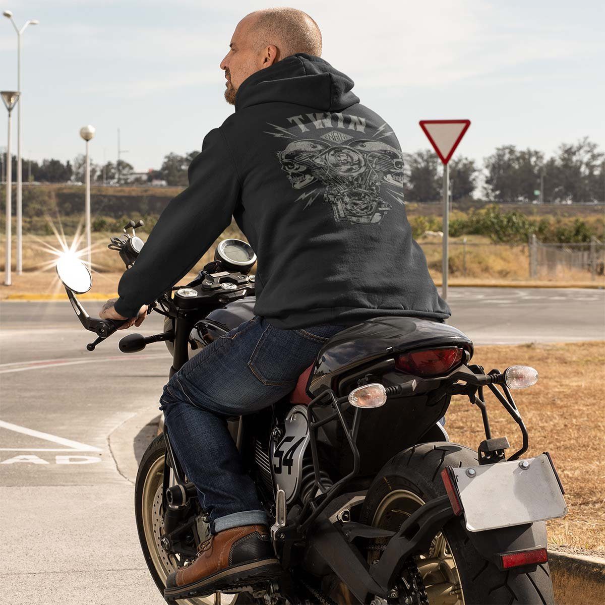 V-Twin mit Grau Kapuzensweatjacke Rebel Zip Melange Hoodie Motiv Kapuzenjacke Wheels Motorrad Biker On Skull /
