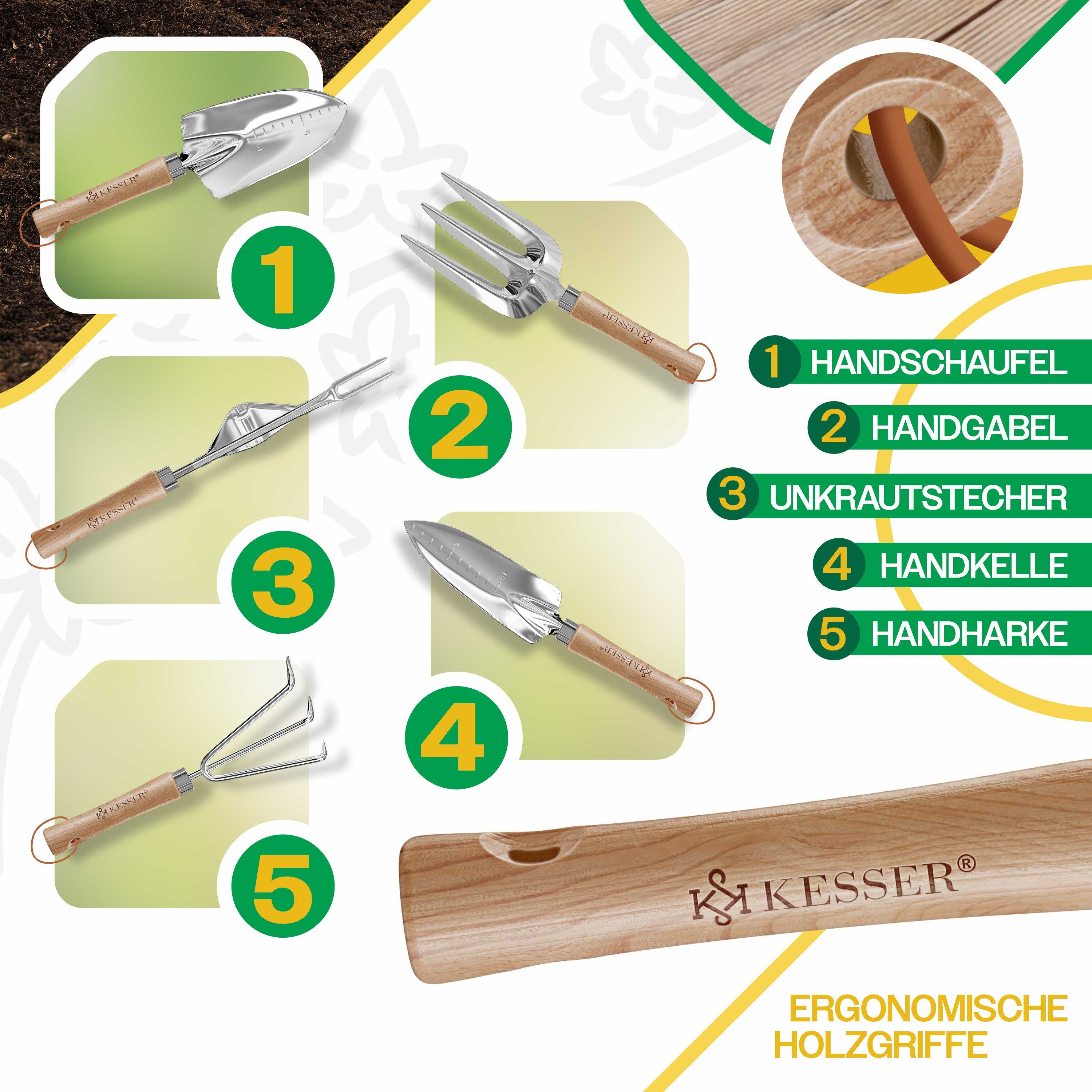 KESSER Gartenpflege-Set Gartenwerkzeug Set 10-teilig Gartengeräte mit ergonomischen Holzgriff, Handschaufel, Handgabel, Unkrautstecher, Handkelle, Handharke & S – Bild 4 von 5