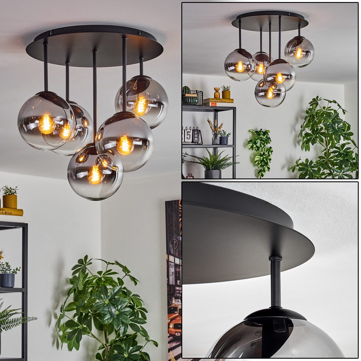 hofstein Deckenleuchte Deckenlampe aus Metall/Glas in Schwarz/Chrom/Rauch/Klar, Deckenleuchte im Retro/Vintage-Design (Schirme Ø 15 cm), 5 x E14