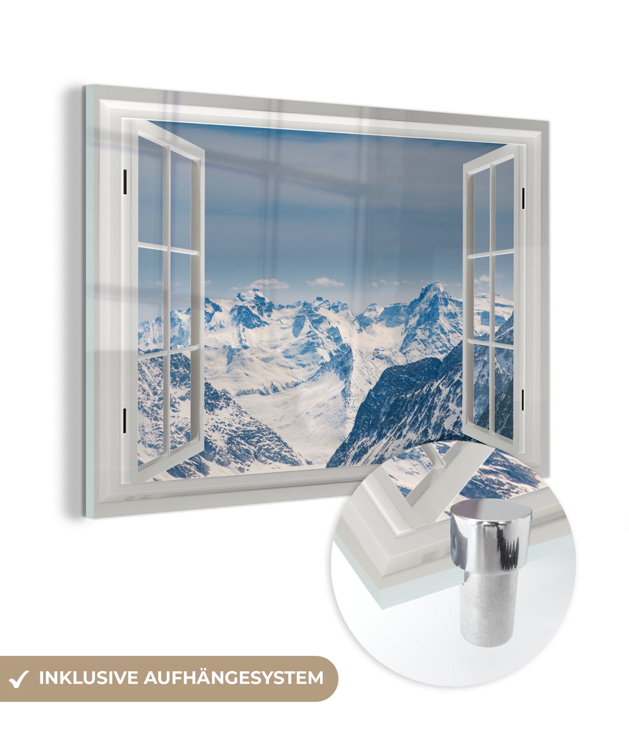 - Schnee auf - Foto Wandbild auf - - Bilder St), MuchoWow - Wanddekoration Glas Aussicht Glas Glasbilder Berge, Acrylglasbild (1