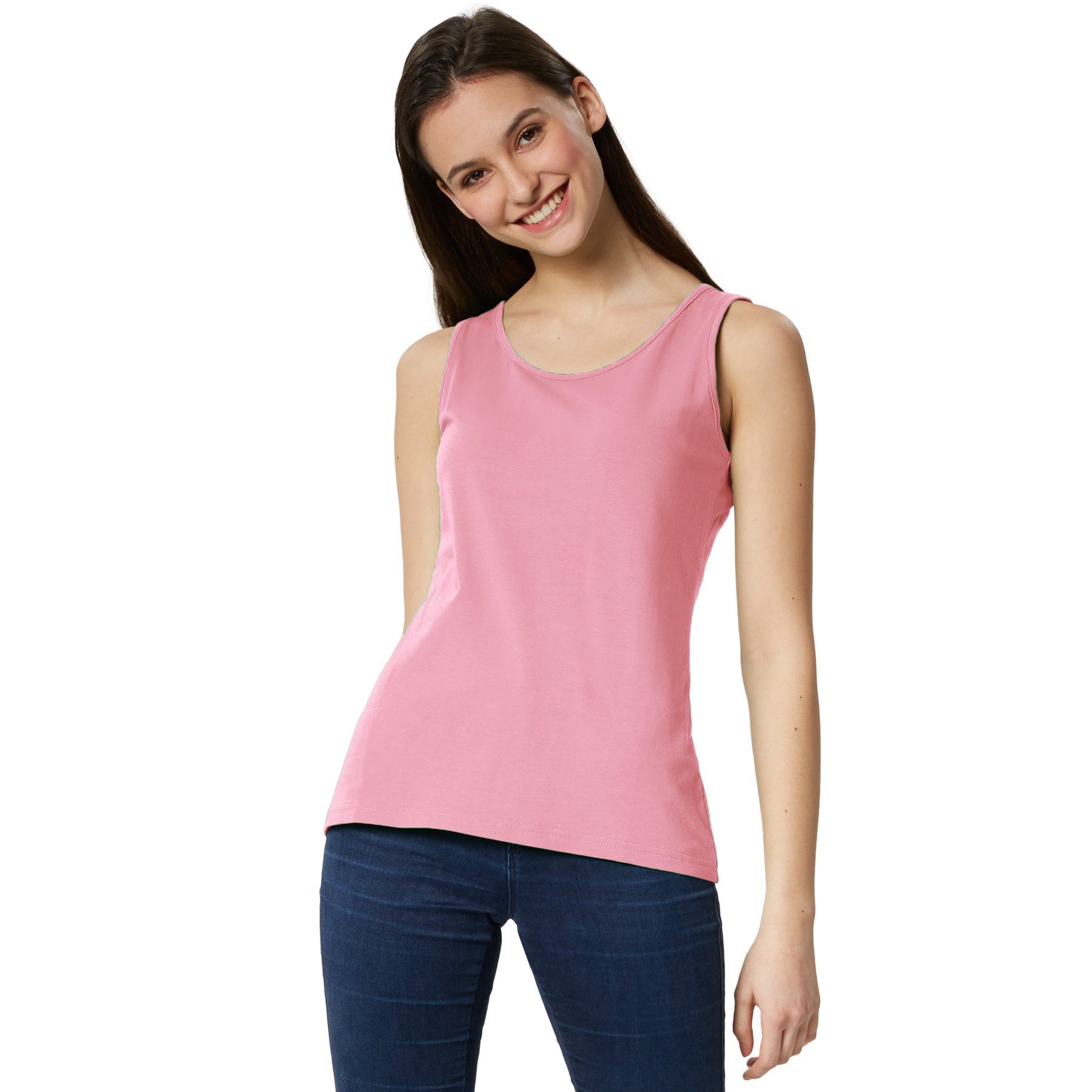 dressforfun Tanktop Achselshirt, Für viele Outfits und Auftritte, Einfarbiges Damen Top (Trägershirt, Konfektionsgröße L in rosa) Leicht körperbetonter Schnitt, Fester Stoff, Rundhalsausschnitt