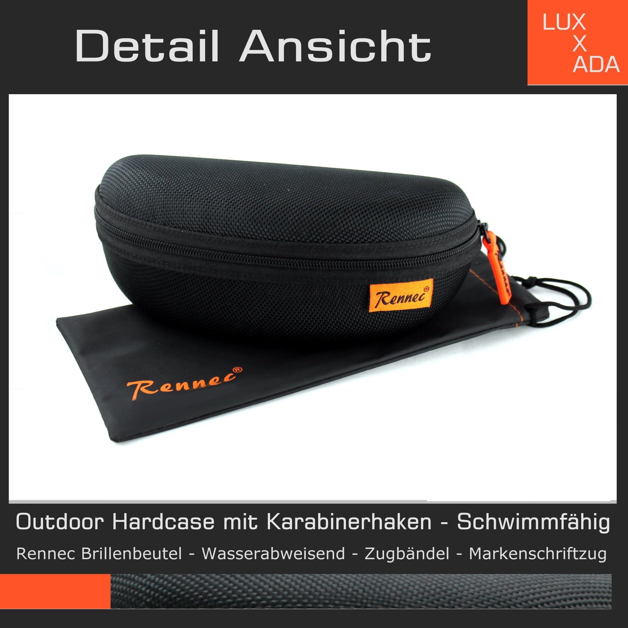 Rennec Sonnenbrille (Markenbrille mit Brillenbox und Brillenbeutel, schmale Metall Sonnenbrille Edelstahl mit Federscharniere) Halbrand Brille mit Federgelenke  – Bild 4 von 5