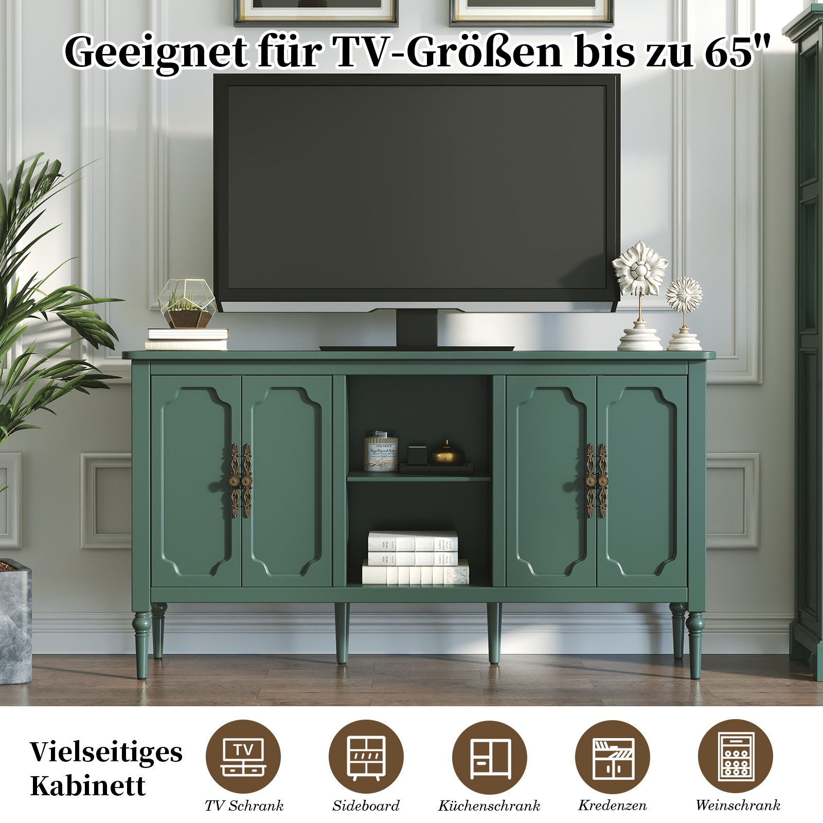 HOLTICO Sideboard Buffet Schrank mit 4 Türen und offenem Regal, Vintage Akzent Kommode (1 St), TV-Schrank, Küchenschrank, Kredenz, und Weinschrank – Bild 5 von 5