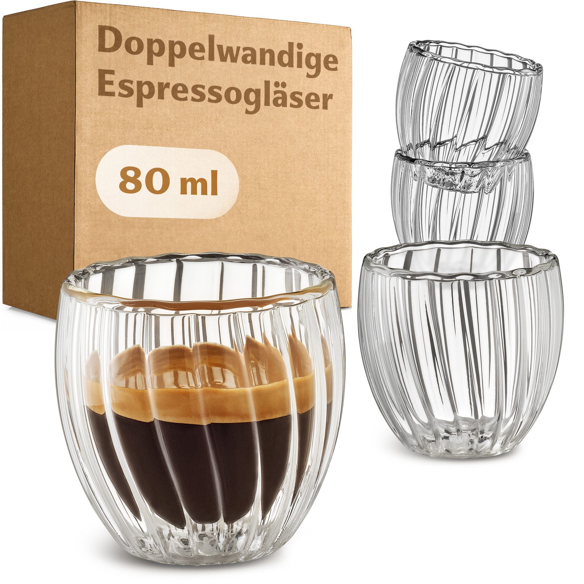 Cosumy Gartenvlies Doppelwandige Espresso Gläser 80ml - 4er Set, (4er Set, 4-St., Enthält 4 doppelwandige Espresso-Gläser), Elegantes Riffel-Design mit Schwebeeffekt - Spülmaschinenfest