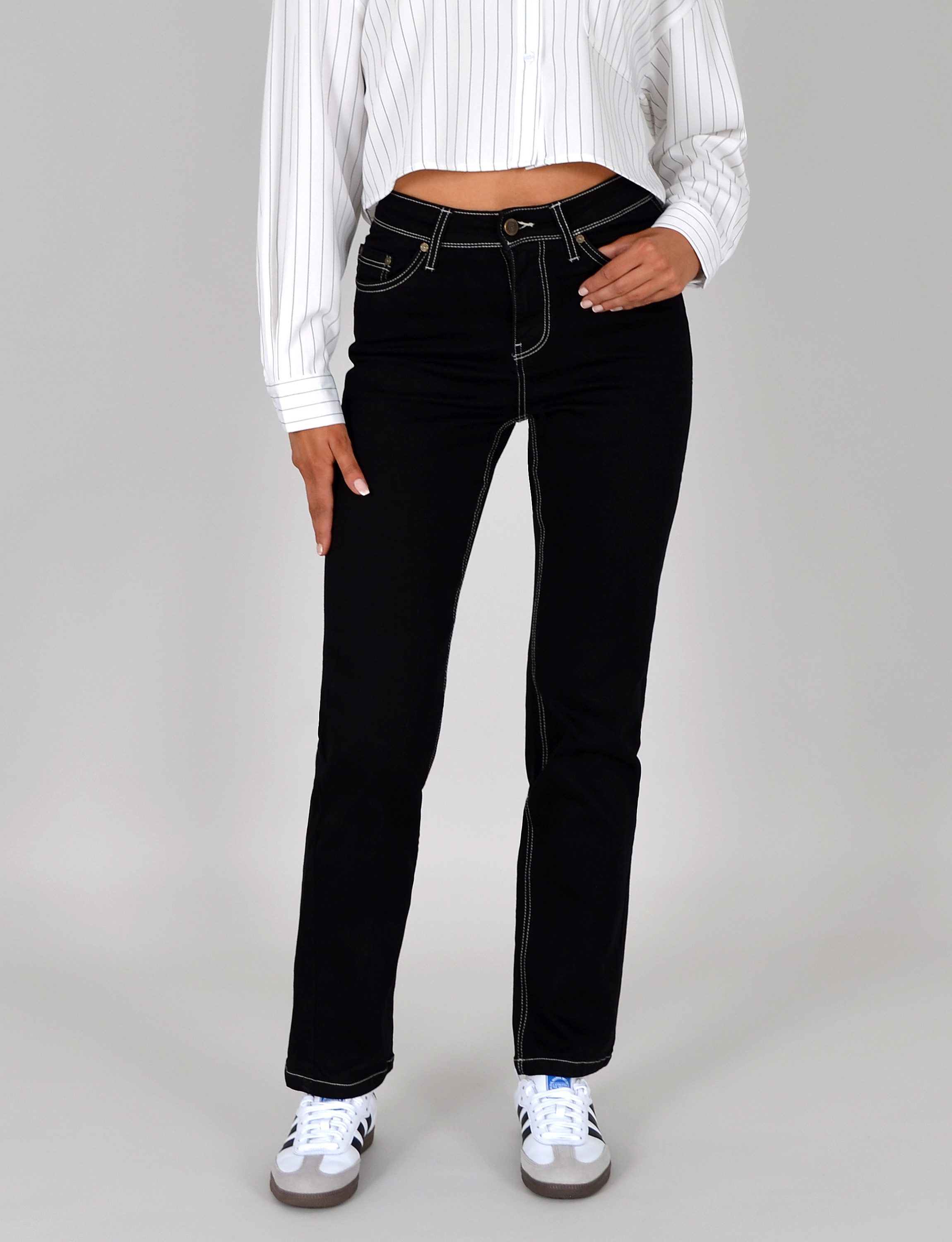 ESRA Straight-Jeans High Waist Straight Fit Jeans Damen Gerader Schnitt bis Übergröße G1 Schwarze Jeans Damen High Waist Jeans Damen Straight Stretch-Jeans