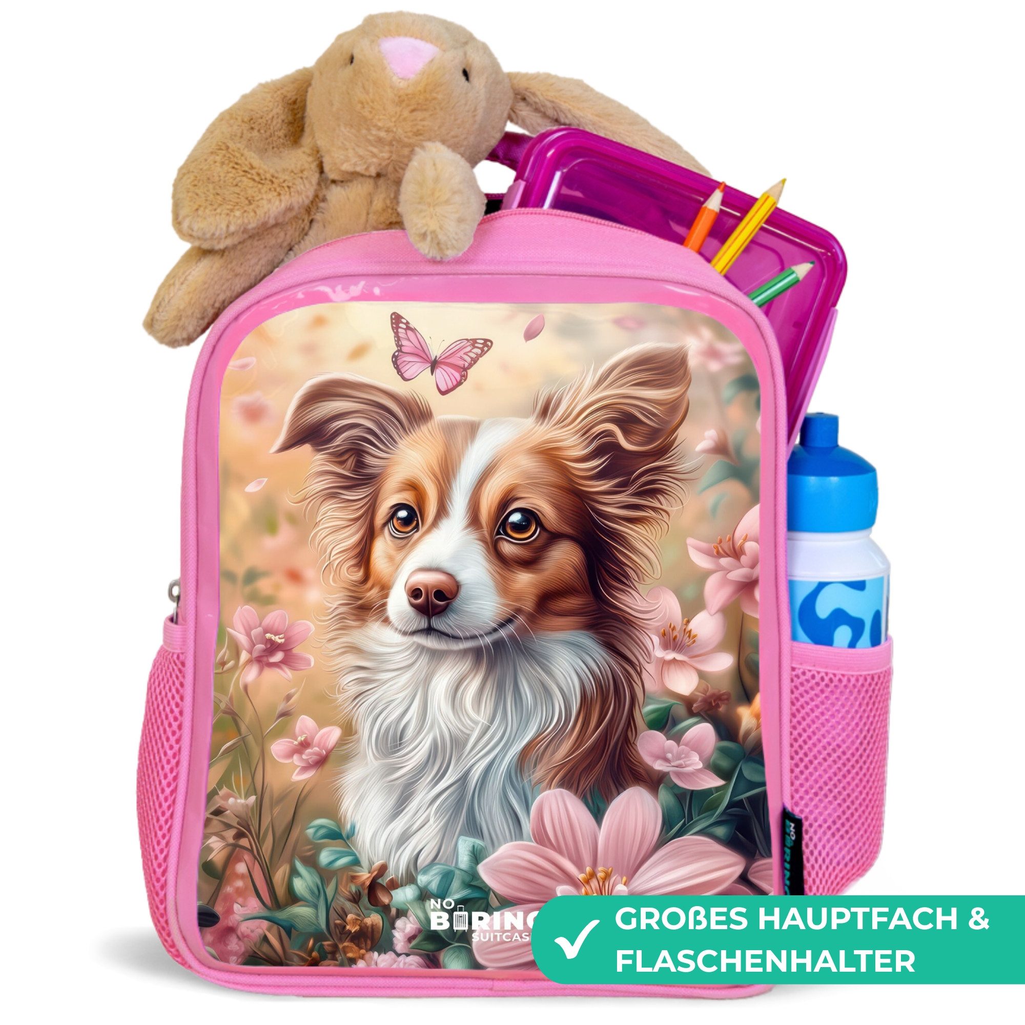 NoBoringSuitcases.com© Rucksack Rosa - Hund im Blumenfeld mit Schmetterlingen, Kinderrucksack, Schulrucksack, Freizeitrucksack, Mädchen, Kindergarten