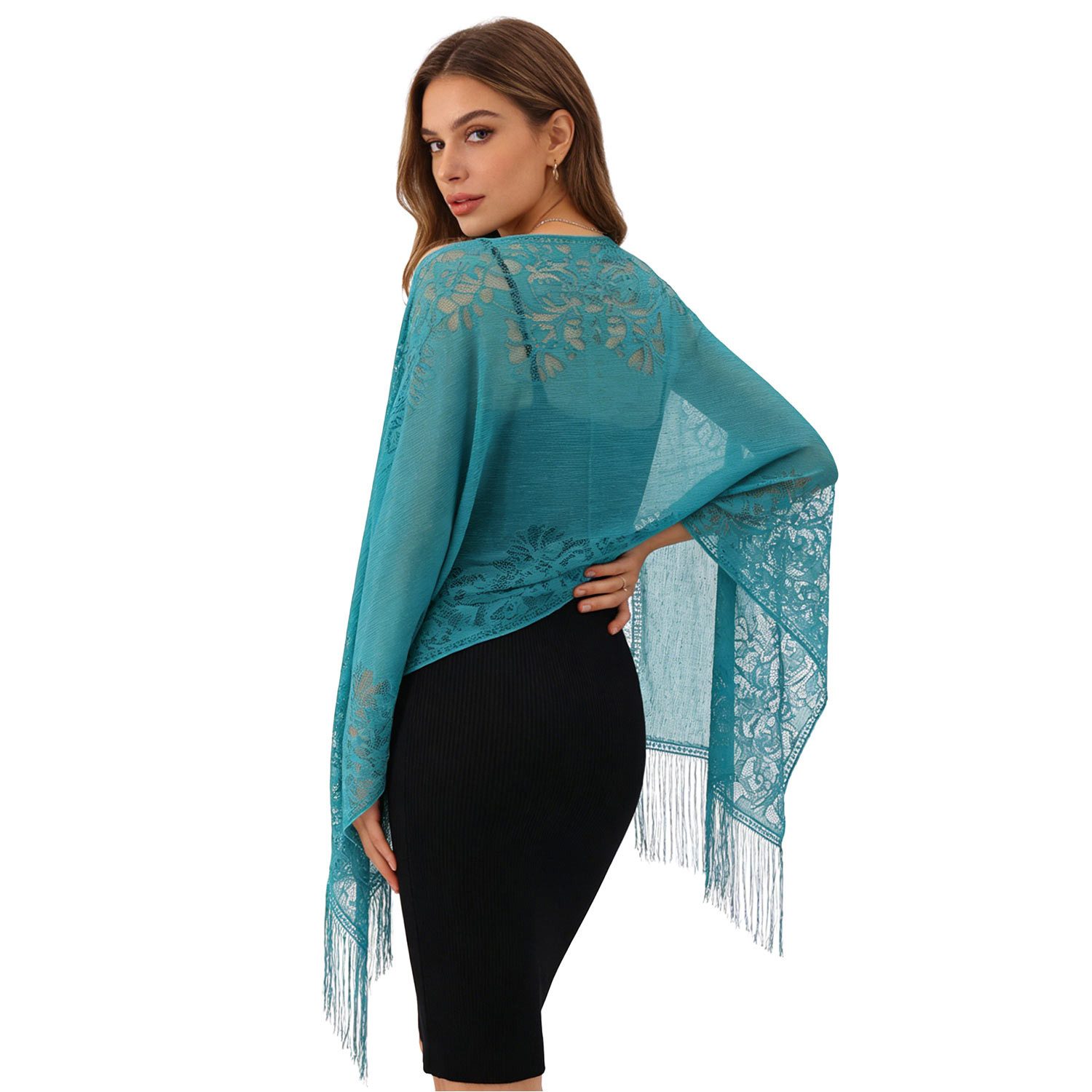 Refttenw Poncho Damen Umschlagtuch,Strickjacke,Spitzenschal mit Quasten,Umhang Schal