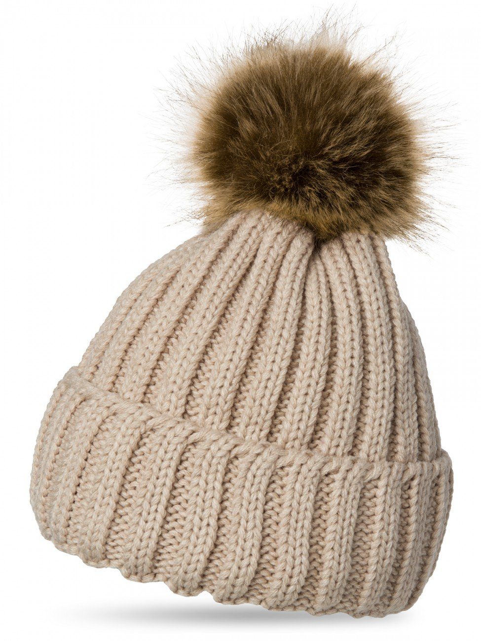 Bommelmütze MU054 Damen Winter Strickmütze mit großem Kunstfell Bommel
