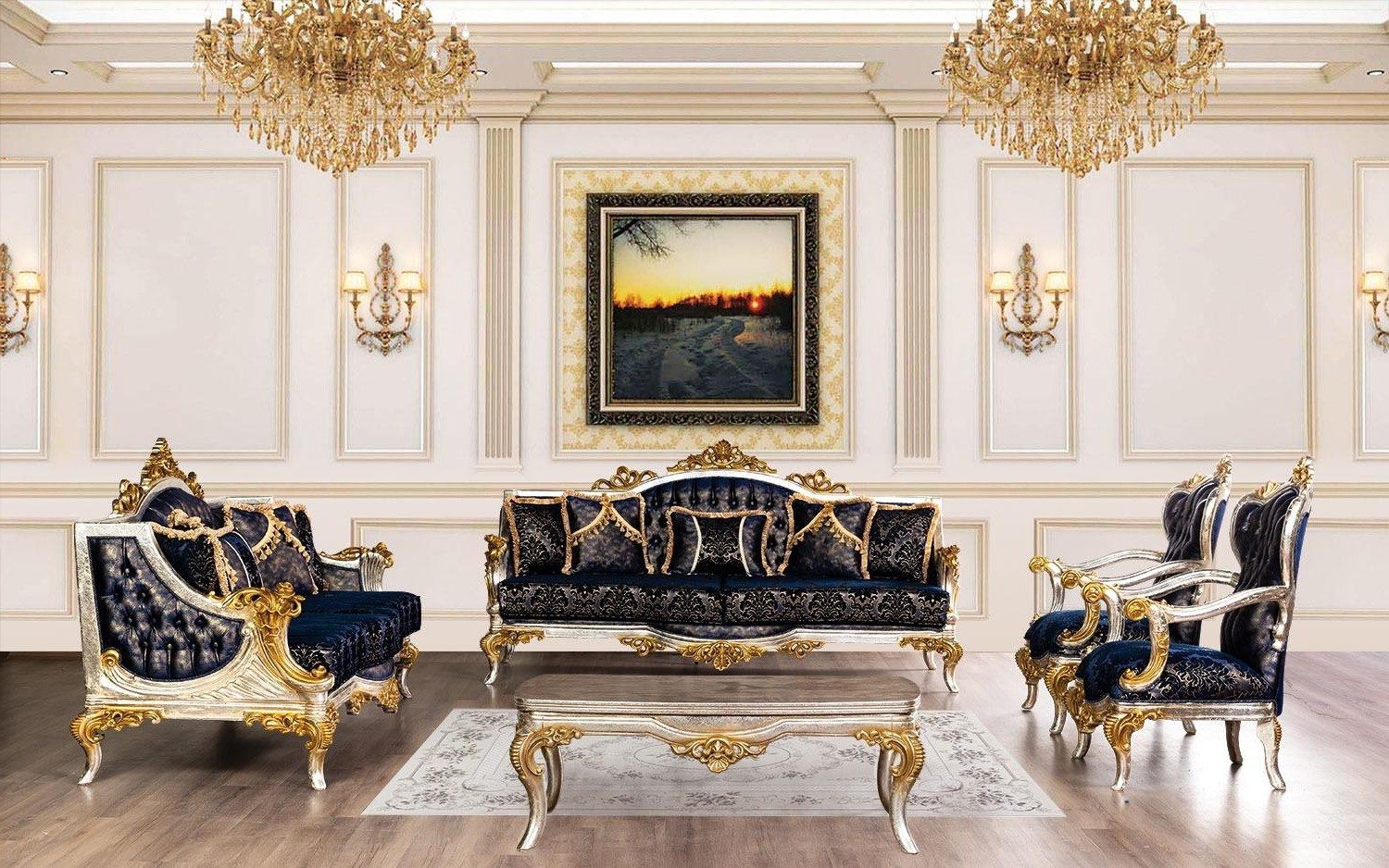 Xlmoebel Polstergarnitur Royal Blaue Sofagarnitur im Art-déco-Stil mit Chesterfield-Details, (5-tlg), Made in Europa