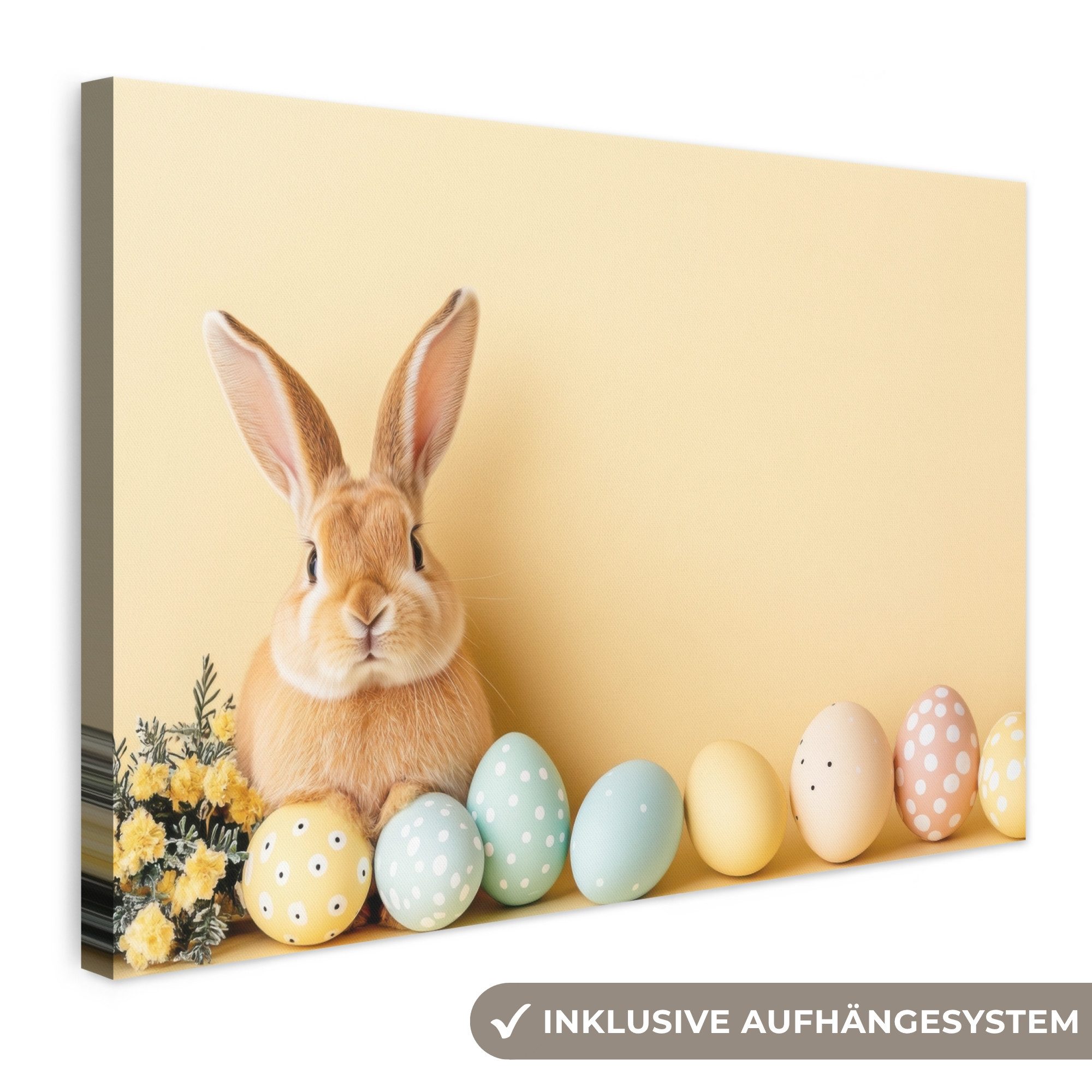 OneMillionCanvasses® Leinwandbild Eier - Kaninchen - Pastellfarbtöne - Ostern Deko, Fotodruck (1 St), Leinwand Bilder Klein, Wand Dekoration Aesthetic 30x20 cm
