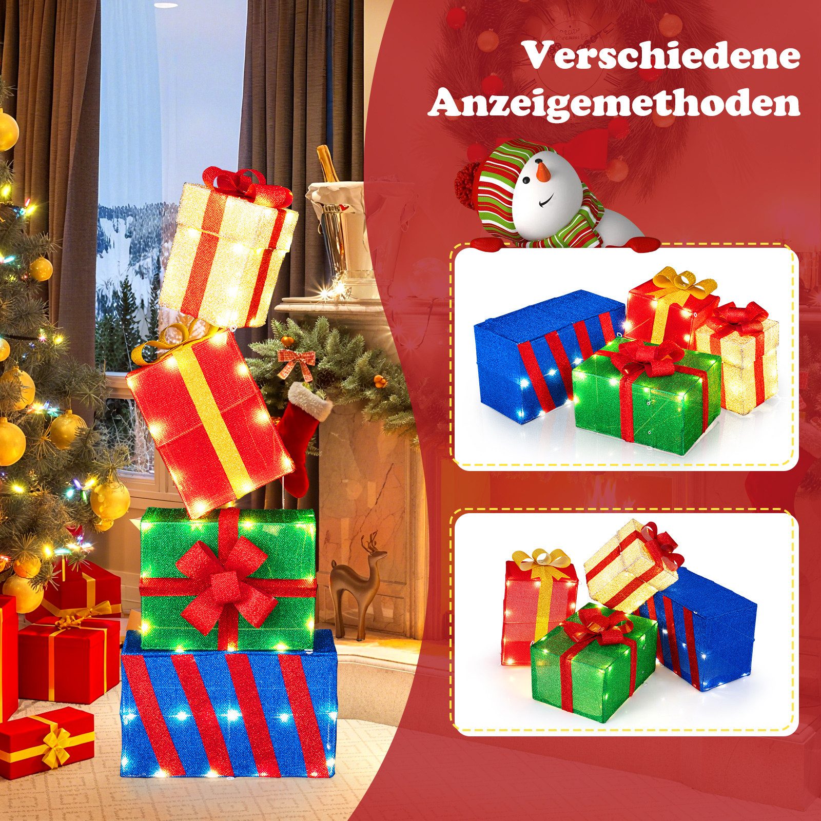 COSTWAY Weihnachtsfigur, LED Geschenkbox, Weihnachtsdeko, Dekoboxen