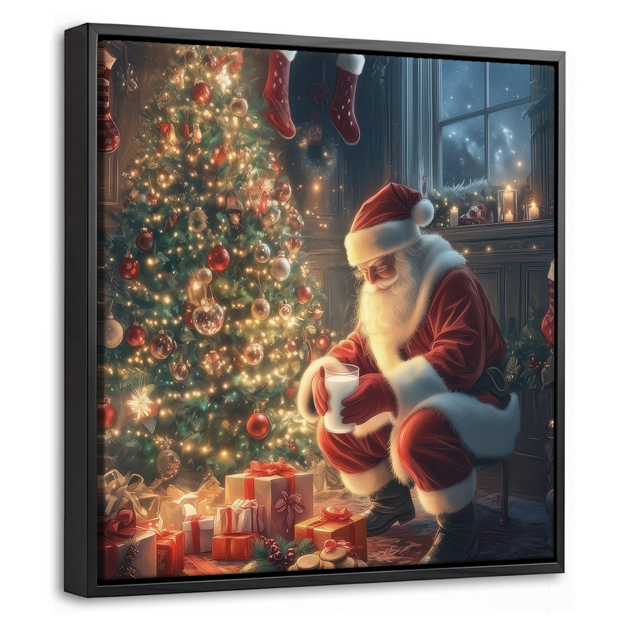 OneMillionCanvasses® Leinwandbild mit Rahmen - Weihnachtsmann - Kamin - Dunkel, Fotodruck (1 St), Leinwand Bilder Klein, Wand Dekoration Aesthetic 20x20cm