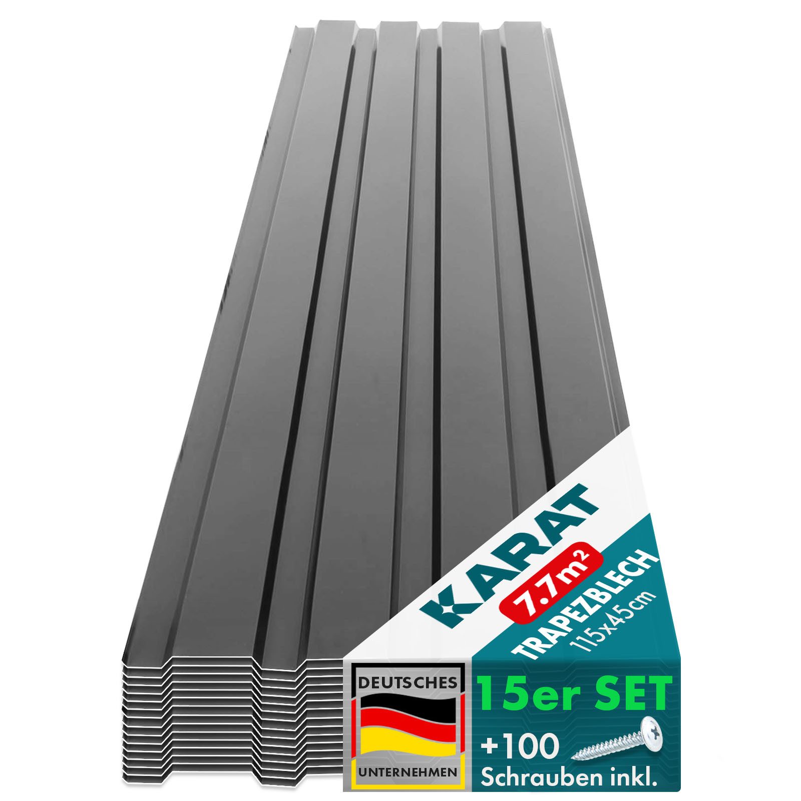 Karat Trapezblech Dachblech 7,7m² inkl Schrauben, Wandblech verzinkt, Profilblech, Blech verzinkt, 1150x450x0,25 mm (Spar-Set 15-St. 115x45 cm) wetterfest für Carport & Gartenhaus, verschiedene Farben