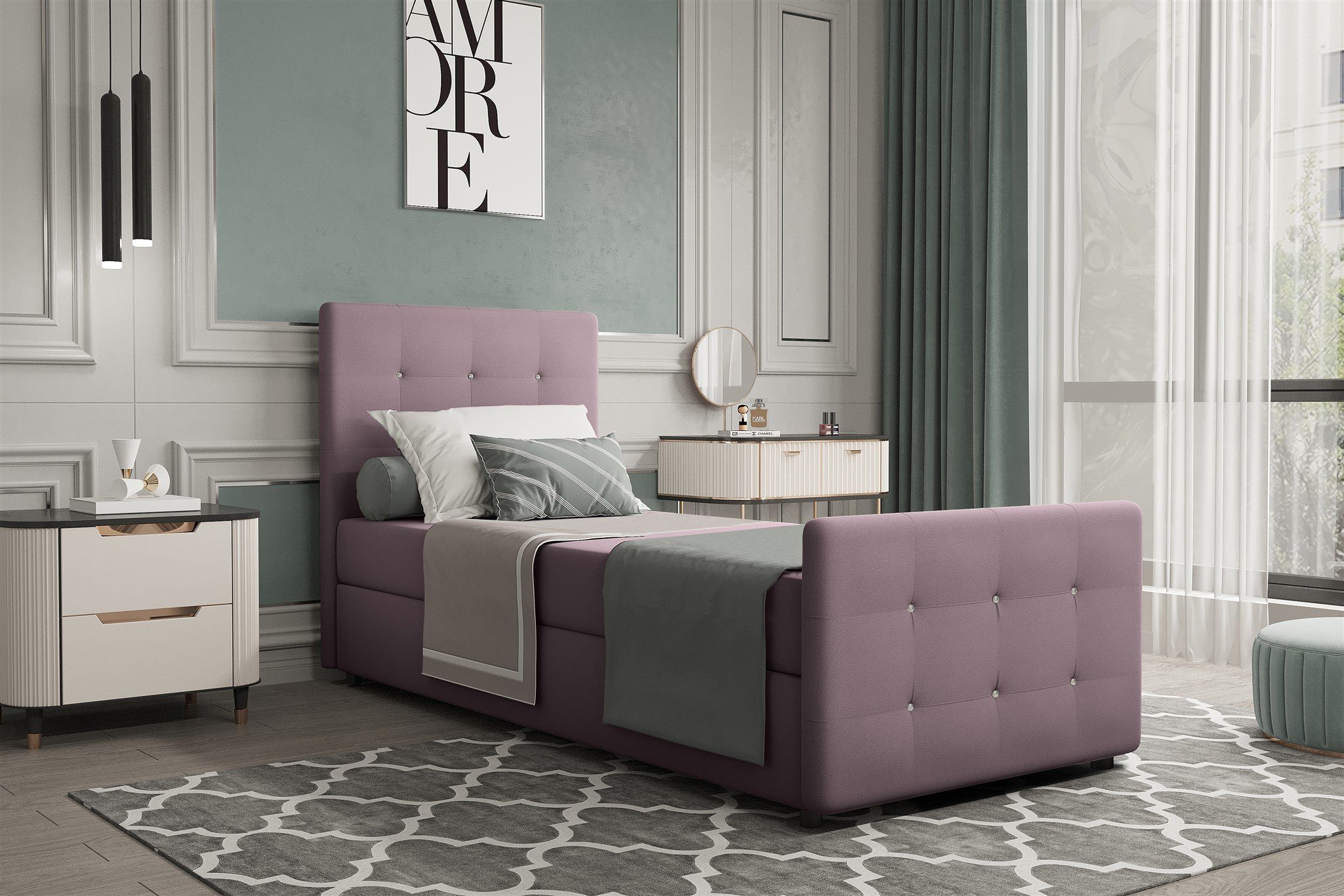 Fun Möbel Boxbett Gästebett MARKOS in Stoff Soro (Liegefläche in Stoff und Farbe des Bettes, inkl. Bettkasten ohne Topper), Strasssteine in Kopf- und Fußteil