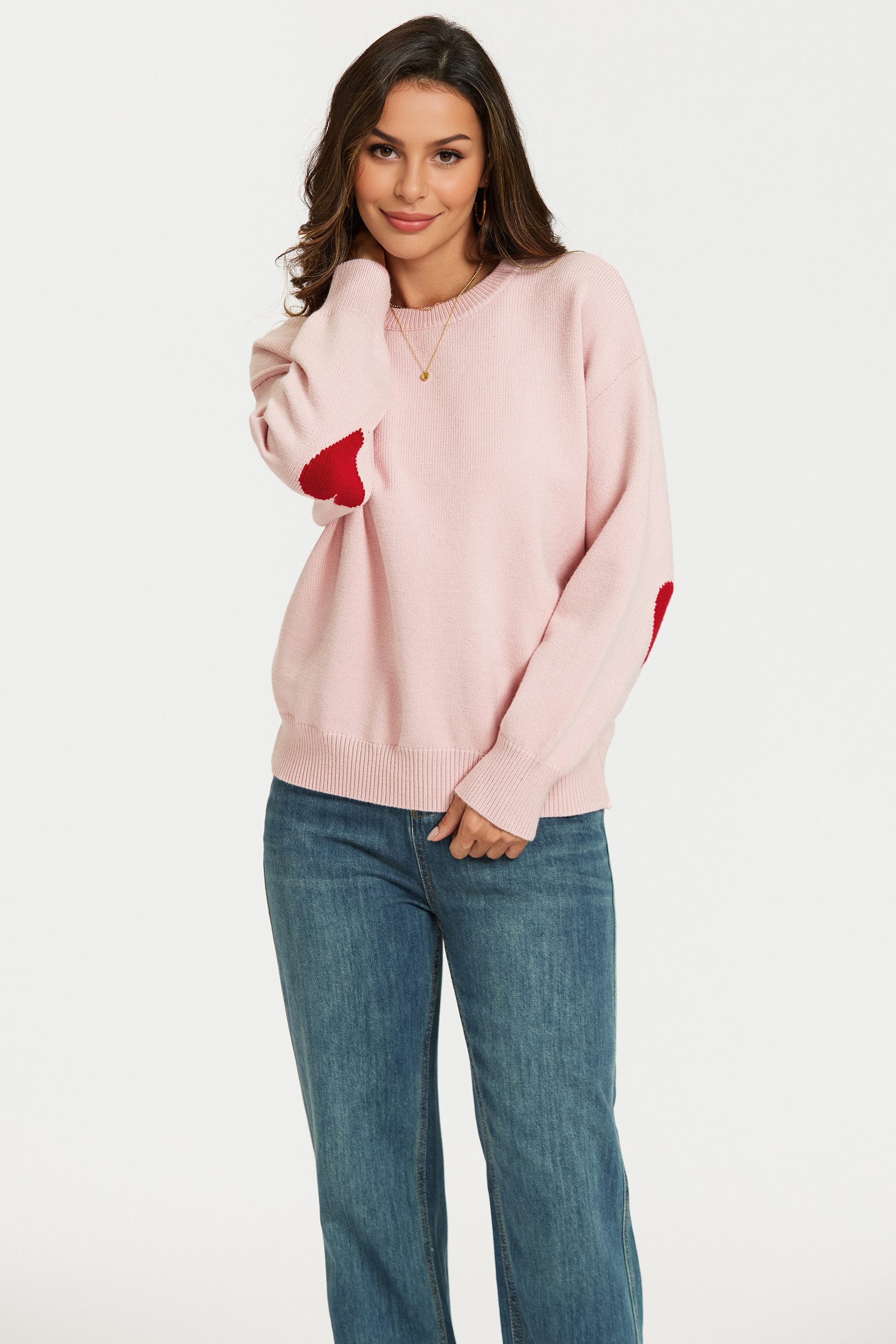 Strickpullover Damen Strickpullover in Rosa mit rotem Herzmuster an den Ärmeln