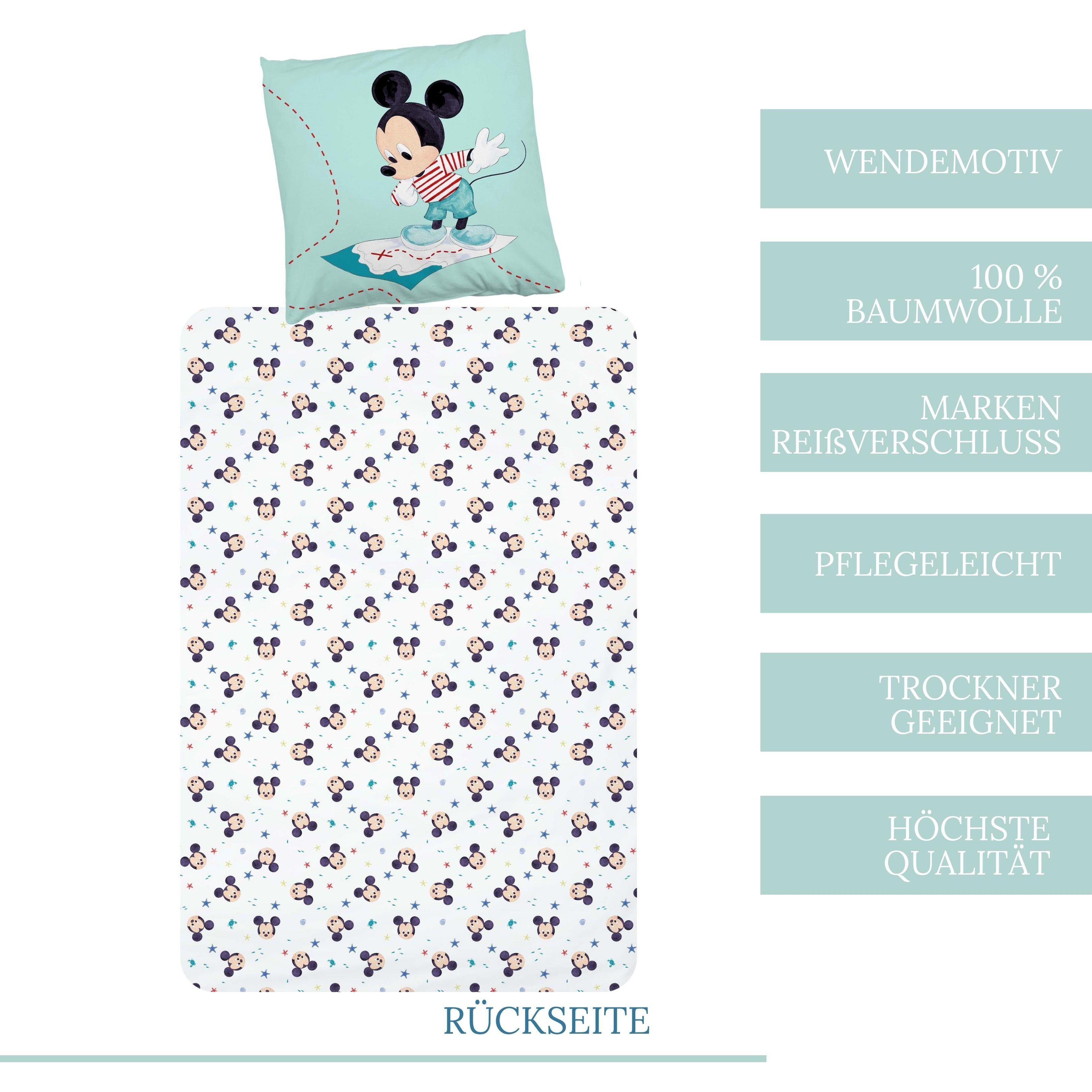 MTOnlinehandel Kinderbettwäsche Mickey Mouse 135x200 + 80x80 cm, 100 % Baumwolle, Renforcé, 2 teilig, Disney's Mickey Mouse Pluto Donald Duck Bettwäsche für Kinder in mint